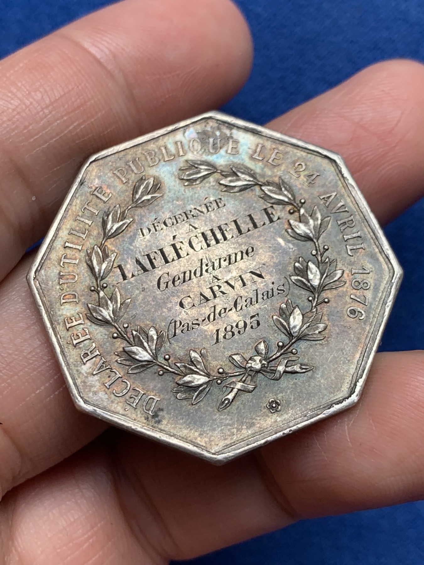 《竞宝斋》第250场-周日，周一 ，周二3场连拍 (全场包邮) 法国1895年反盗猎协会八角银质代币，20.00g，36.7mm，丰饶角边铭