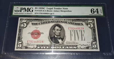 Unc 美国纸币 1928年C版 5美金纸币 Pmg 64E - Unc 美国纸币 1928年C版 5美金纸币 Pmg 64E