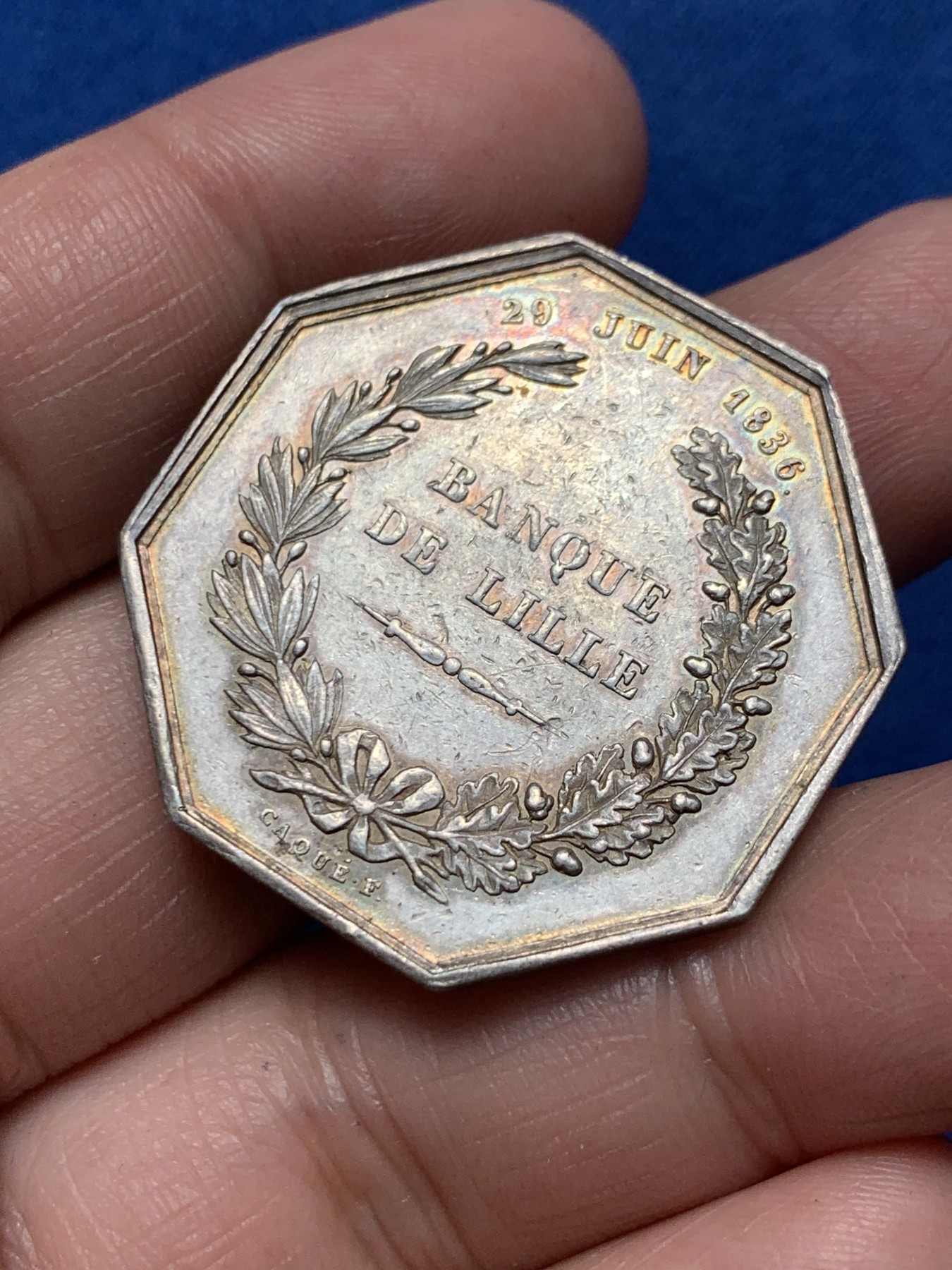 《竞宝斋》第250场-周日，周一 ，周二3场连拍 (全场包邮) 法国八角银章，里尔储蓄银行，18.41g，34.2mm，油灯边铭