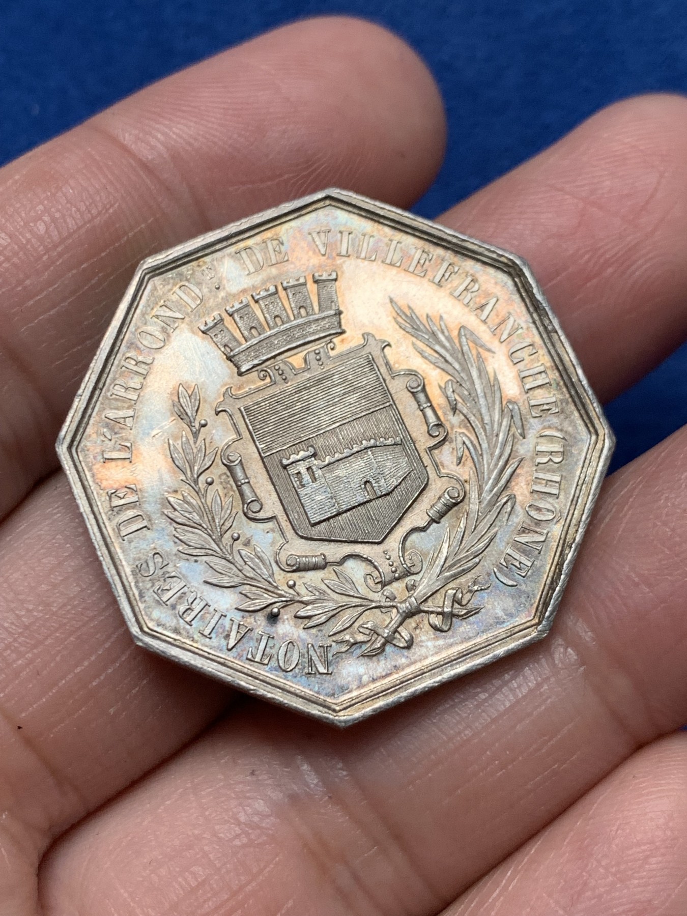 《竞宝斋》第250场-周日，周一 ，周二3场连拍 (全场包邮) 法国八角银质代币，罗纳公证处，16.56g，33.2mm，手指边铭