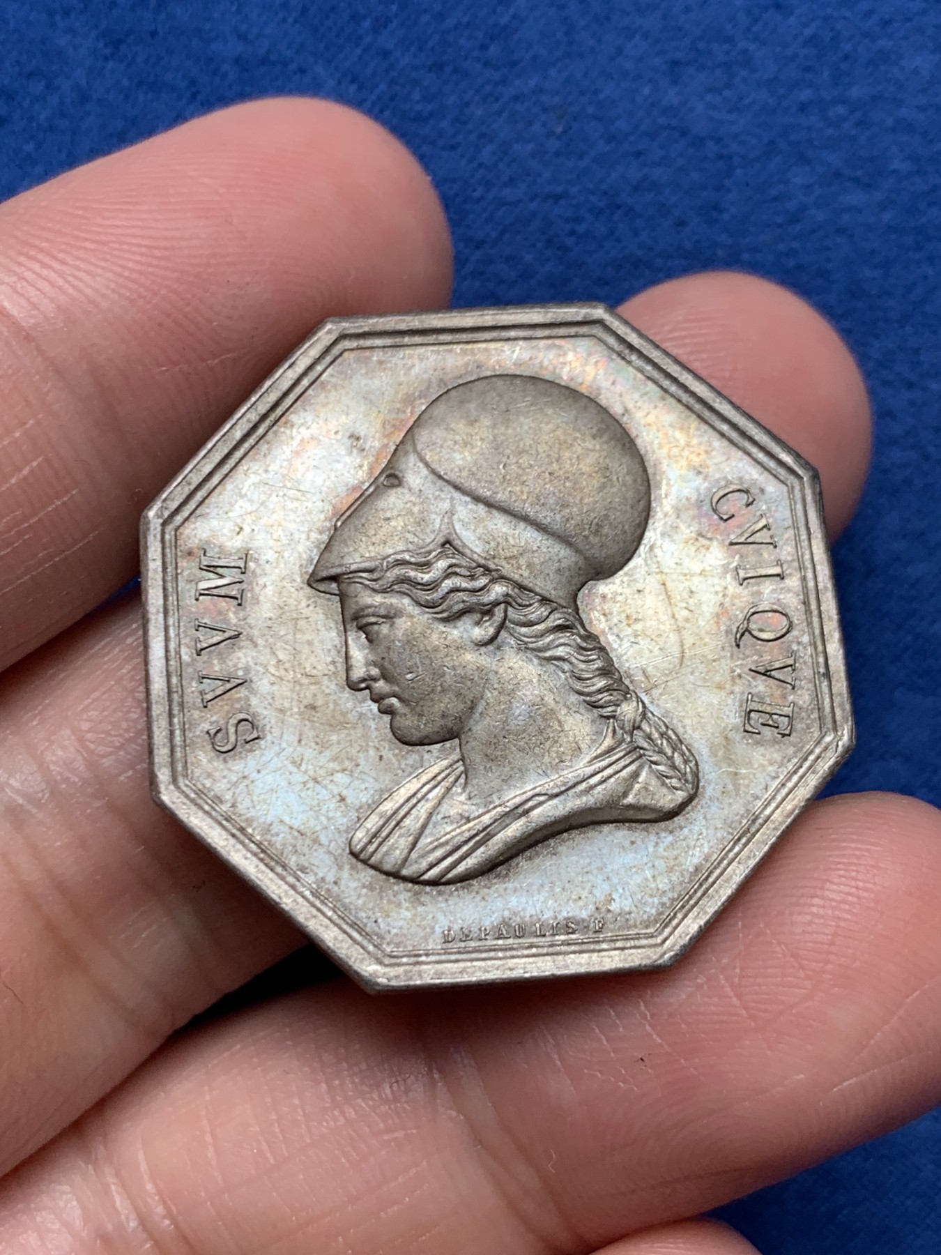 《竞宝斋》第250场-周日，周一 ，周二3场连拍 (全场包邮) 法国安德里斯公证人八角代用银币，雅典娜头像，13.85g，31.6mm，早期无边铭