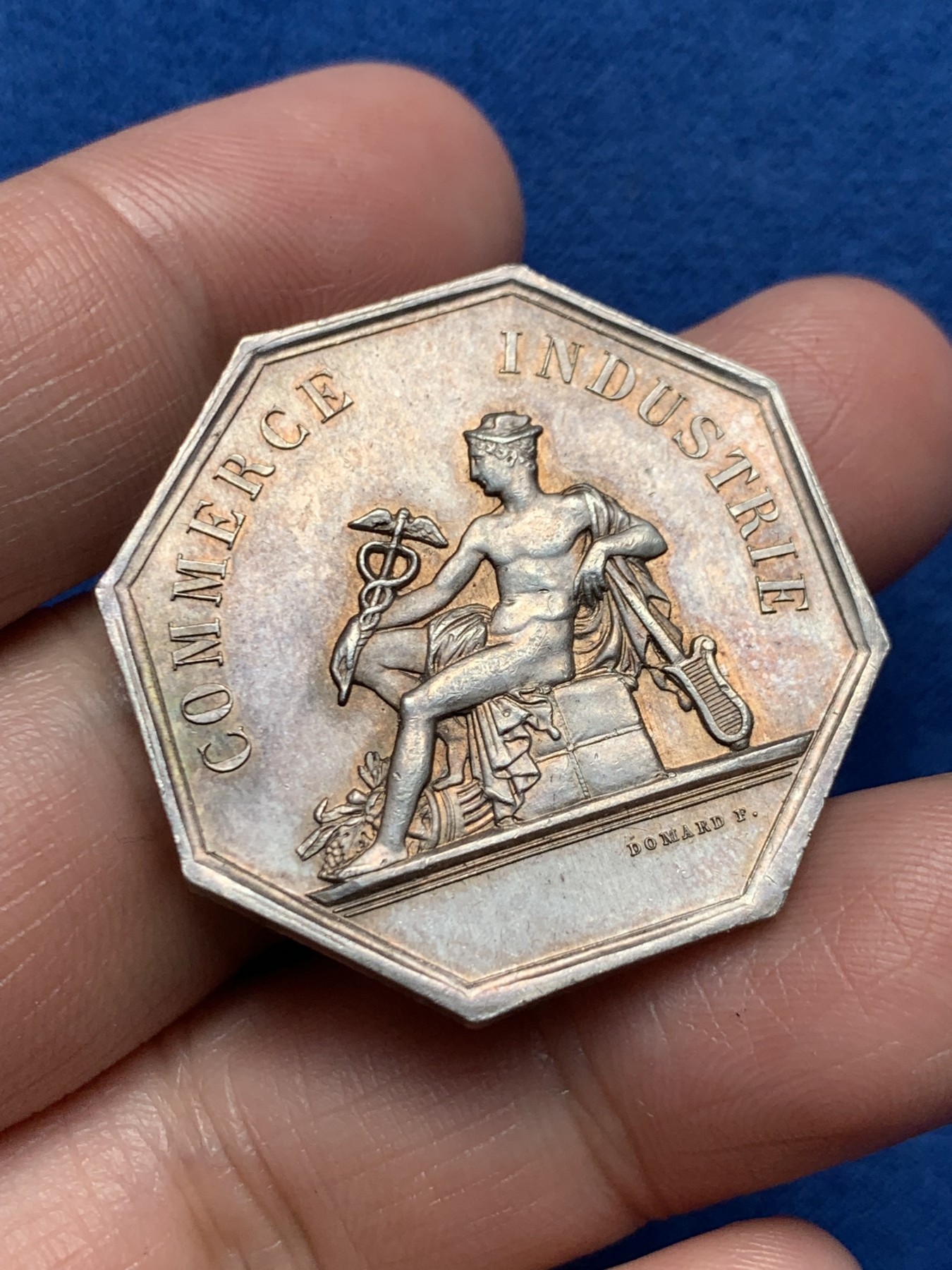 《竞宝斋》第250场-周日，周一 ，周二3场连拍 (全场包邮) 法国八角银质代币，波尔多商会，墨丘利与狮头船，20.49g，33.8mm，丰饶角边铭