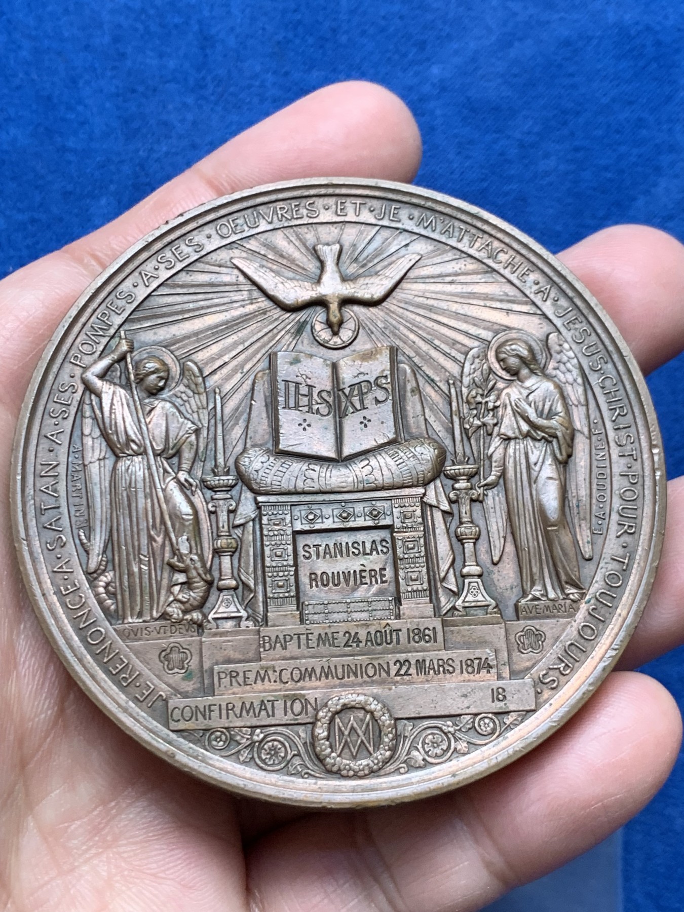 《竞宝斋》第250场-周日，周一 ，周二3场连拍 (全场包邮) 法国1874年洗礼铜章，160.41g，69.5mm，铜标边铭