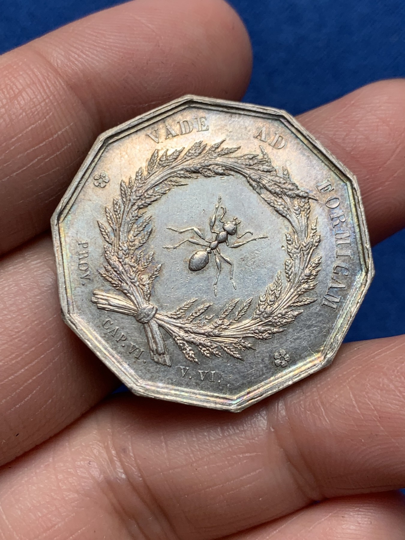 《竞宝斋》第250场-周日，周一 ，周二3场连拍 (全场包邮) 法国十角银质jeton代币，里昂储蓄银行，铭文“如蚂蚁般一点点储蓄”，15.42g，32.7mm，丰饶角边铭