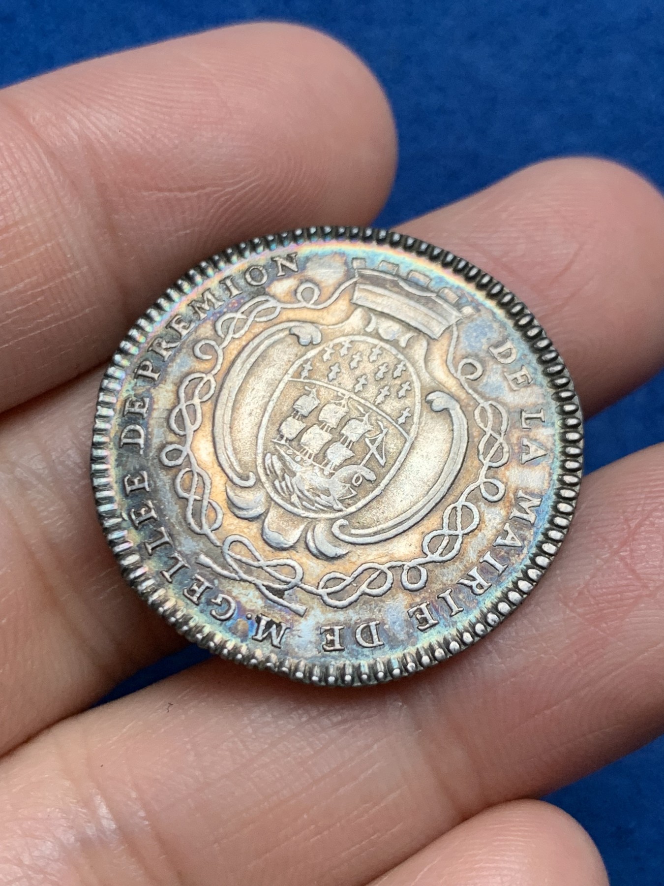 《竞宝斋》第250场-周日，周一 ，周二3场连拍 (全场包邮) 法国1776年南特市市长让-巴蒂斯特·盖莱的徽章银质代币，7.17g，29.2mm，早期齿边原铸