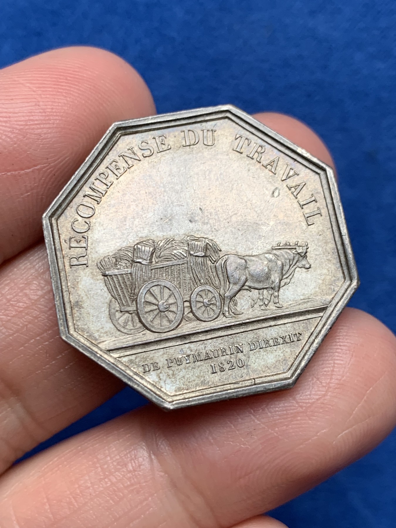 《竞宝斋》第250场-周日，周一 ，周二3场连拍 (全场包邮) 法国八角银质代币，图卢兹农业、园艺、渔业、狩猎和皇家农业学会，11.69g，29.6mm，早期无边铭