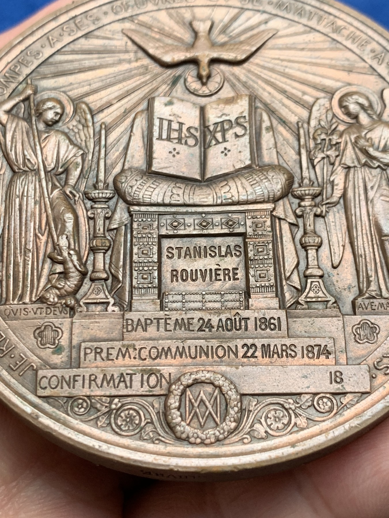 《竞宝斋》第250场-周日，周一 ，周二3场连拍 (全场包邮) 法国1874年洗礼铜章，160.41g，69.5mm，铜标边铭