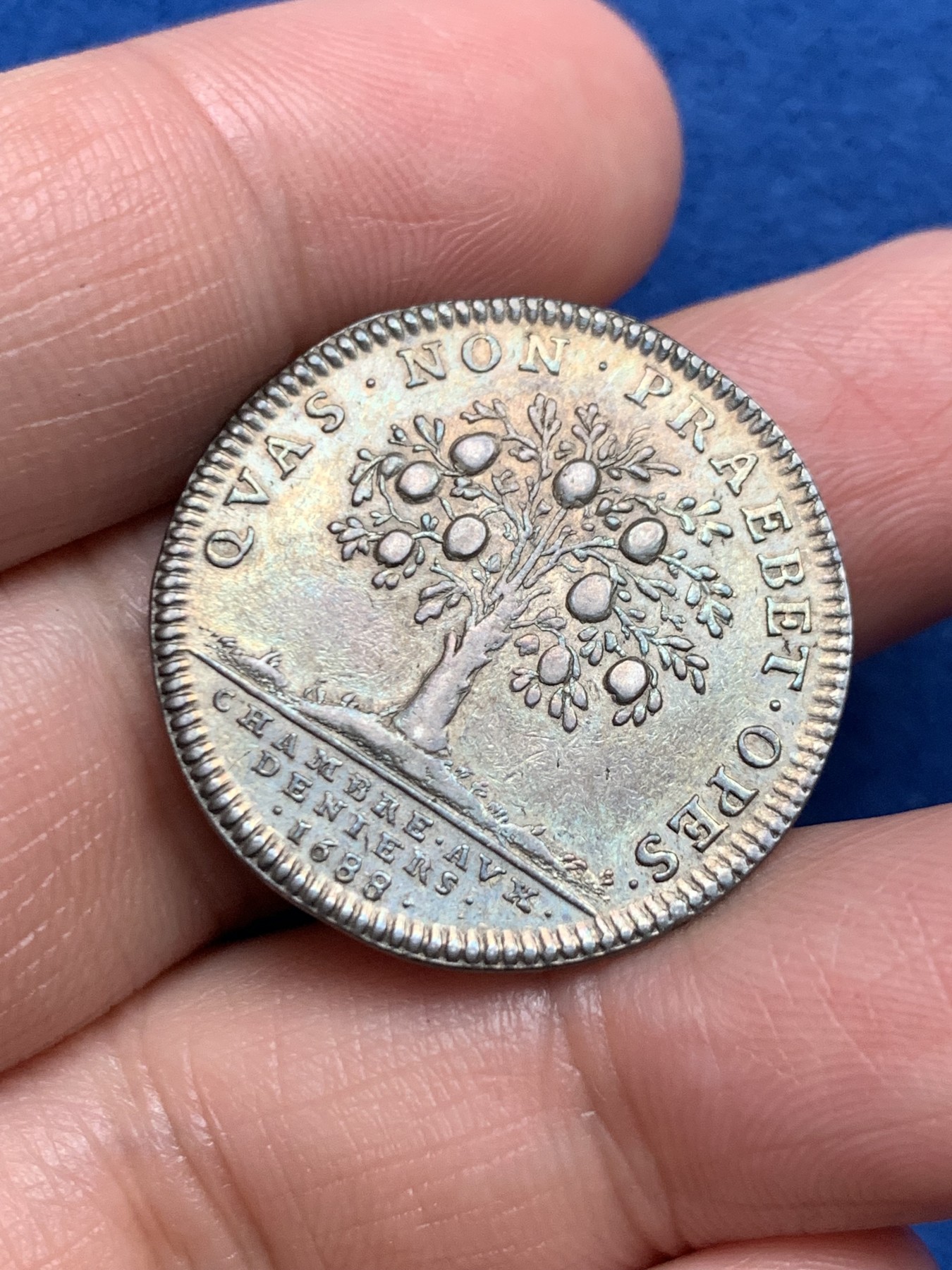 《竞宝斋》第250场-周日，周一 ，周二3场连拍 (全场包邮) 法国1688年路易十四国王寝宫管理者商会代用银币，7.45g，28.2mm