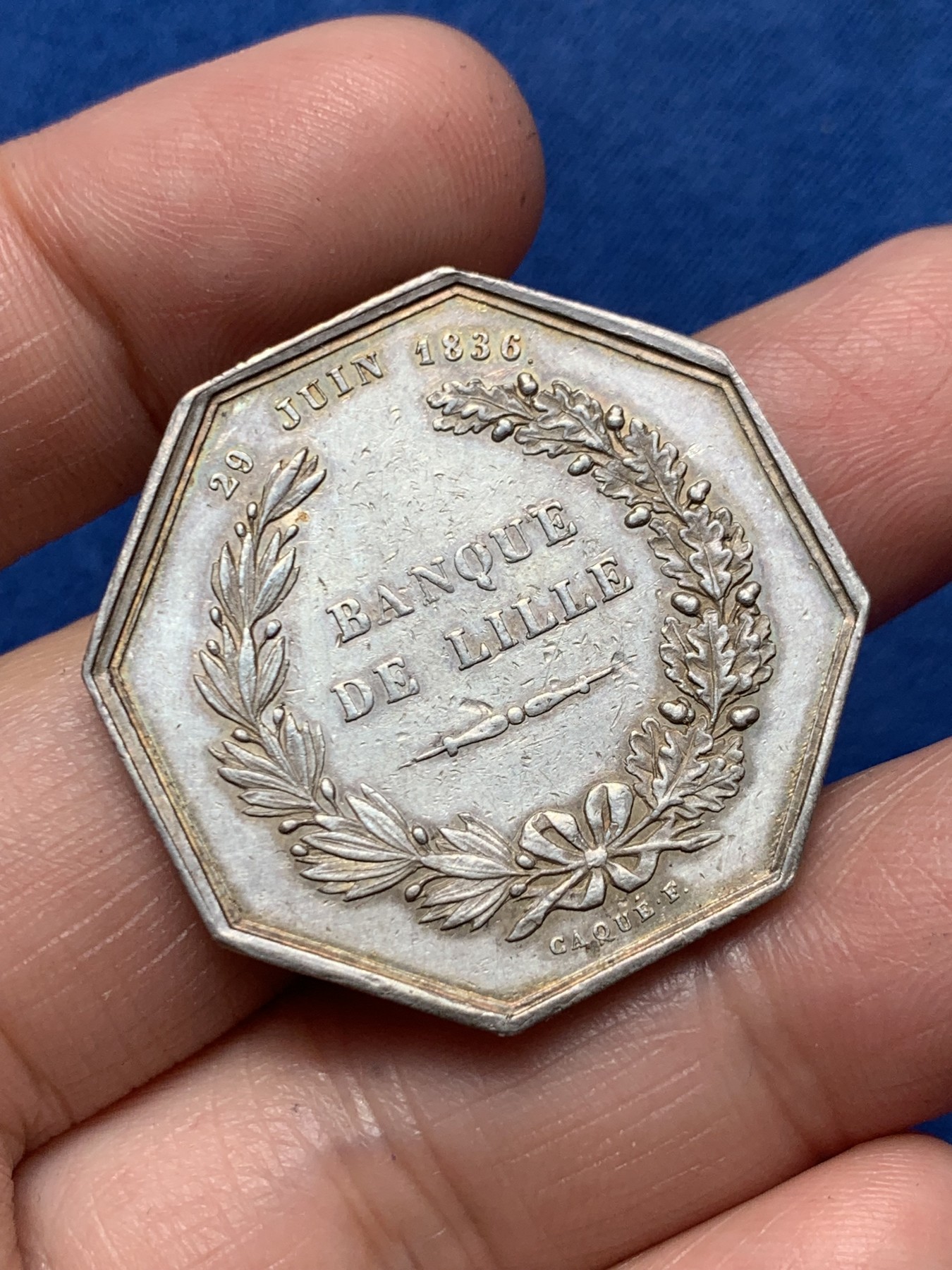 《竞宝斋》第250场-周日，周一 ，周二3场连拍 (全场包邮) 法国八角银章，里尔储蓄银行，18.41g，34.2mm，油灯边铭