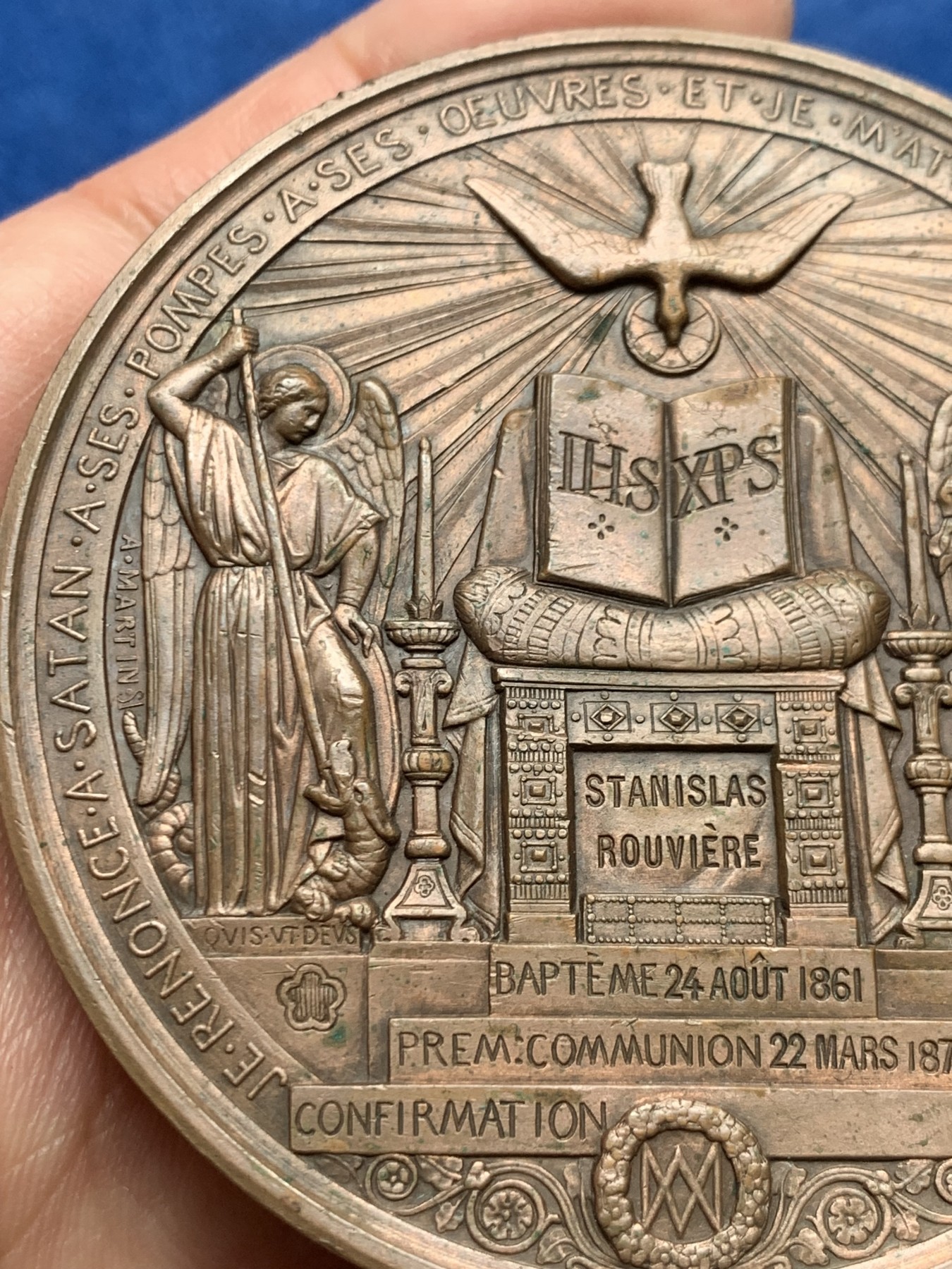 《竞宝斋》第250场-周日，周一 ，周二3场连拍 (全场包邮) 法国1874年洗礼铜章，160.41g，69.5mm，铜标边铭