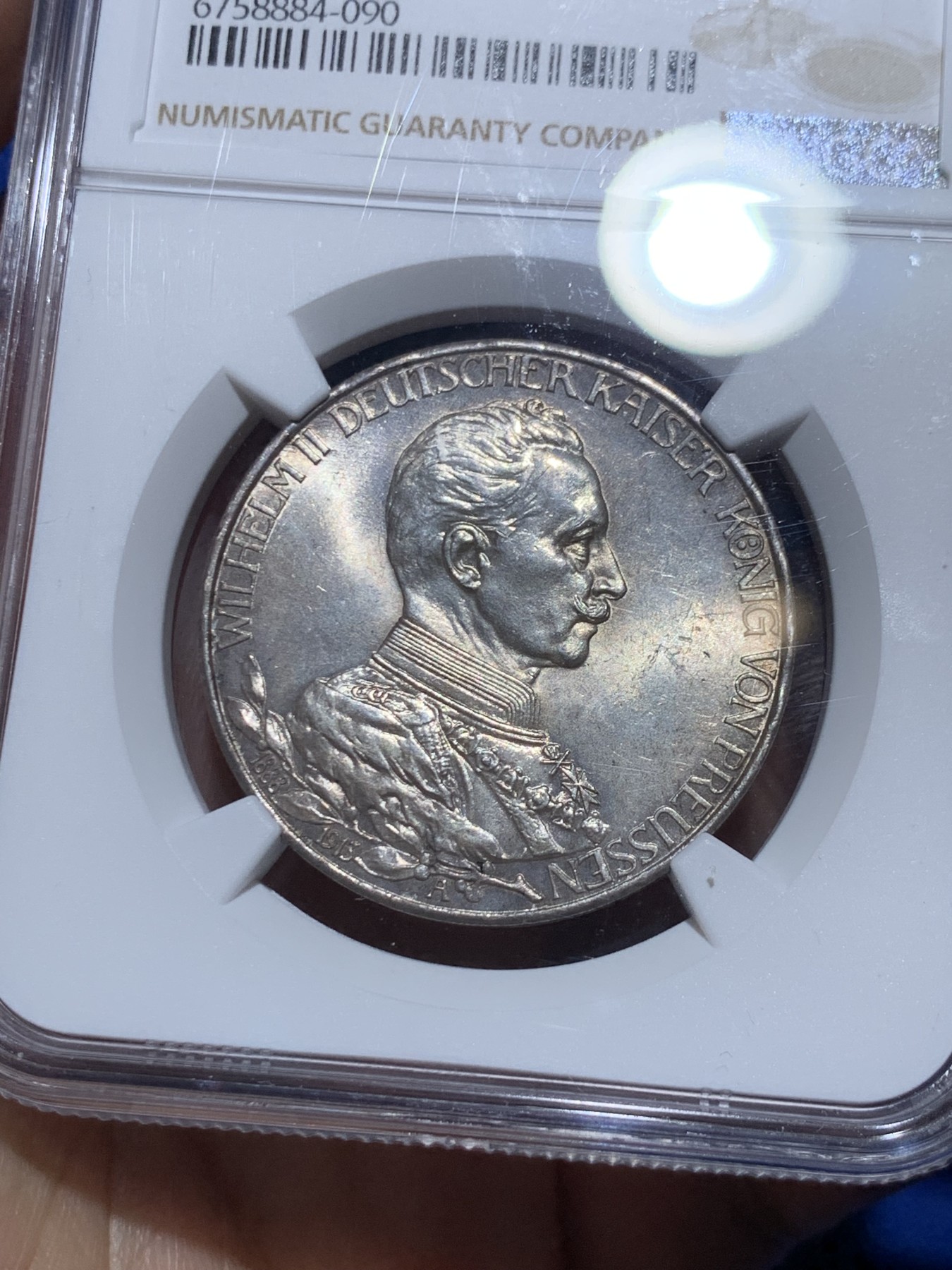 《竞宝斋》第249场-周日，周一 ，周二3场连拍 (全场包邮) NGC MS61 德国普鲁士1913年威廉二世花枝3马克银币 胡子眉毛盾徽细节清晰