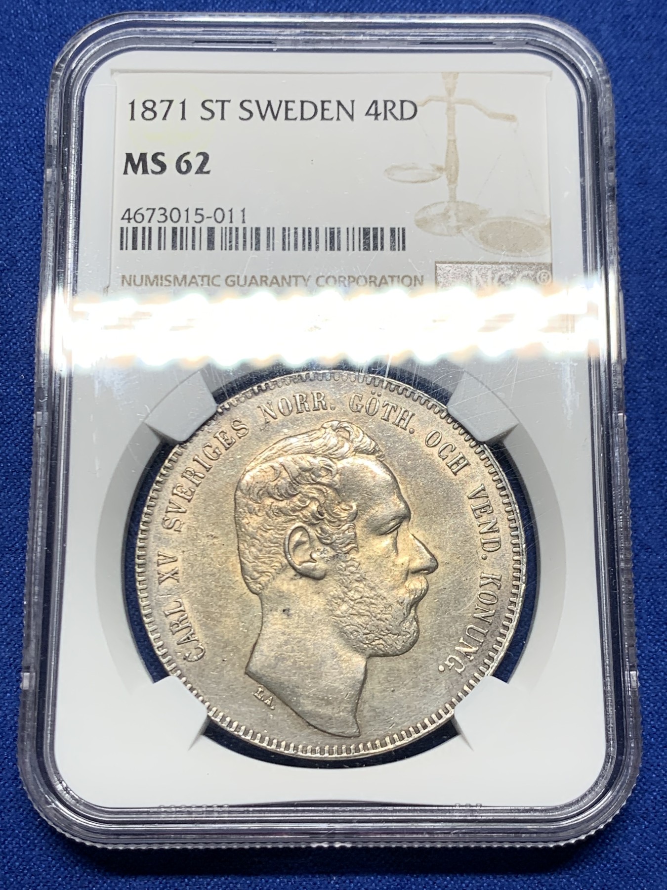 《竞宝斋》第249场-周日，周一 ，周二3场连拍 (全场包邮) NGC  MS62  瑞典  1871年  卡尔十五世4达勒，少见北欧大银币，传统包浆