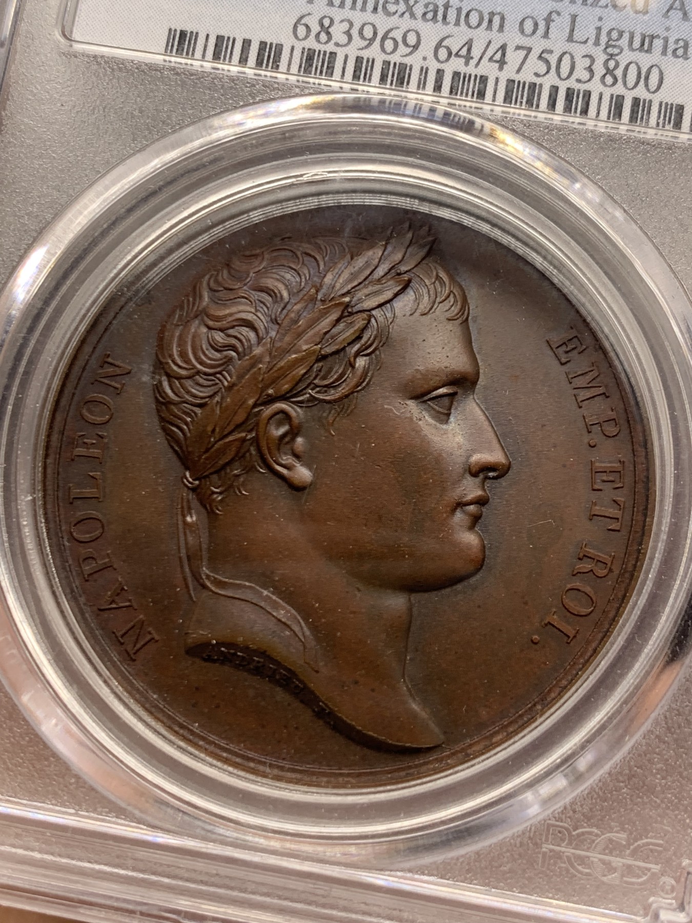 《竞宝斋》第249场-周日，周一 ，周二3场连拍 (全场包邮) PCGS  SP64  法国  1805  拿破仑吞并利古里亚铜章，PCGS加厚盒子