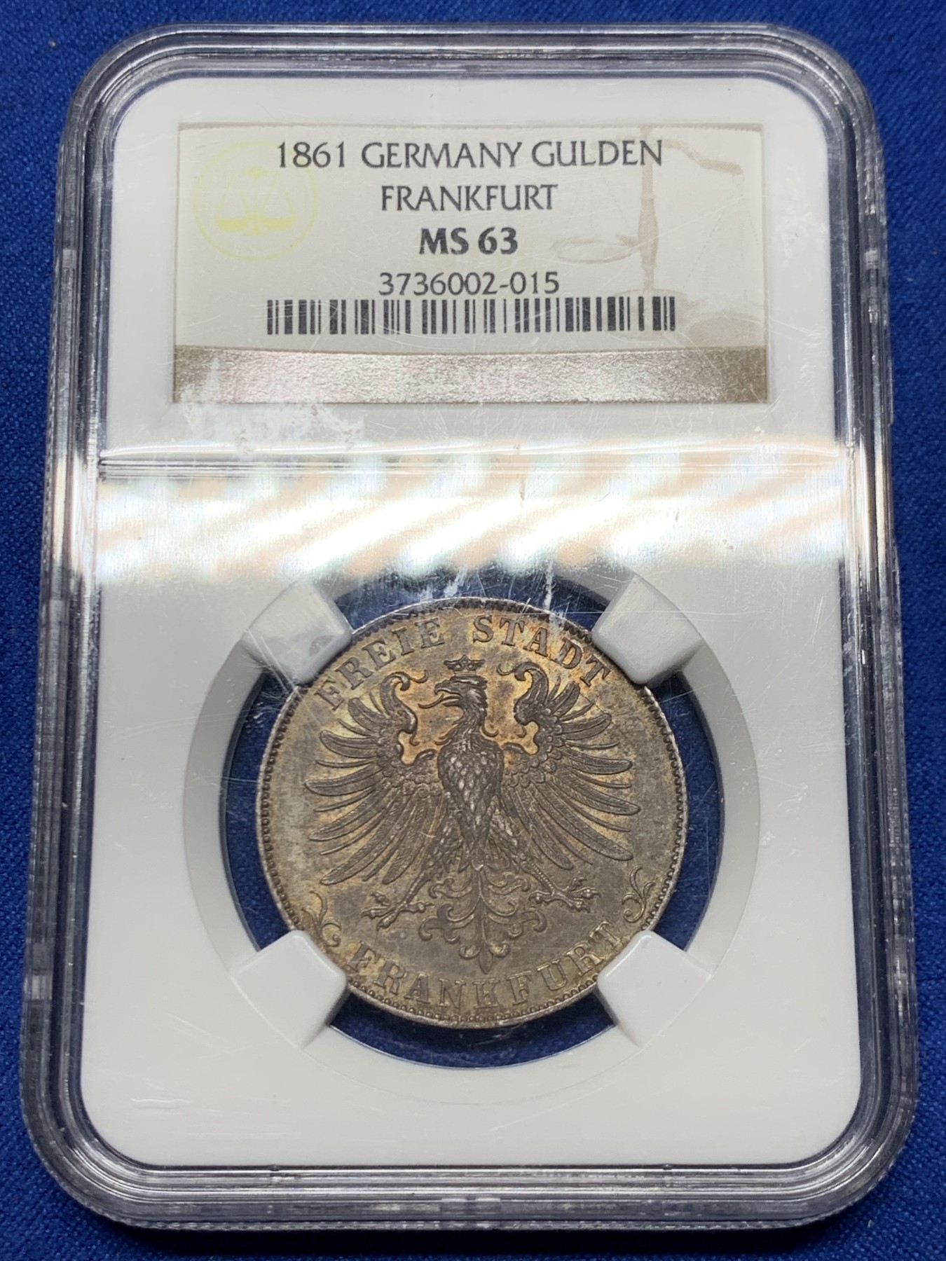 《竞宝斋》第249场-周日，周一 ，周二3场连拍 (全场包邮) NGC  MS63  德国  1861年  法兰克福1盾，比常见的法兰克福少女泰勒少很多，品相不错