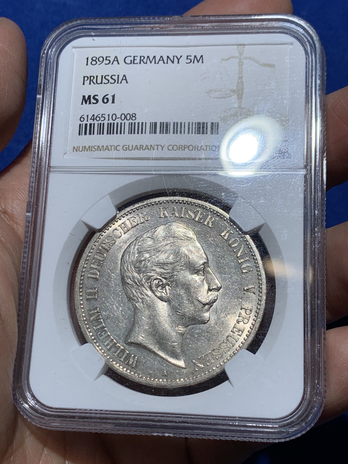 《竞宝斋》第249场-周日，周一 ，周二3场连拍 (全场包邮) NGC MS61 德国普鲁士 1895年 威廉二世大头 5马克 银币