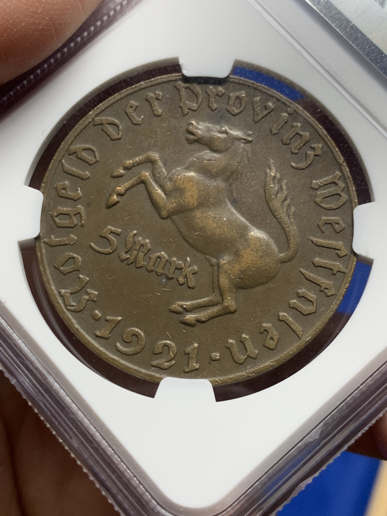 《竞宝斋》第249场-周日，周一 ，周二3场连拍 (全场包邮) NGC  AU55  魏玛德国  1921年  威斯特法伦铜5马克，马币总筋