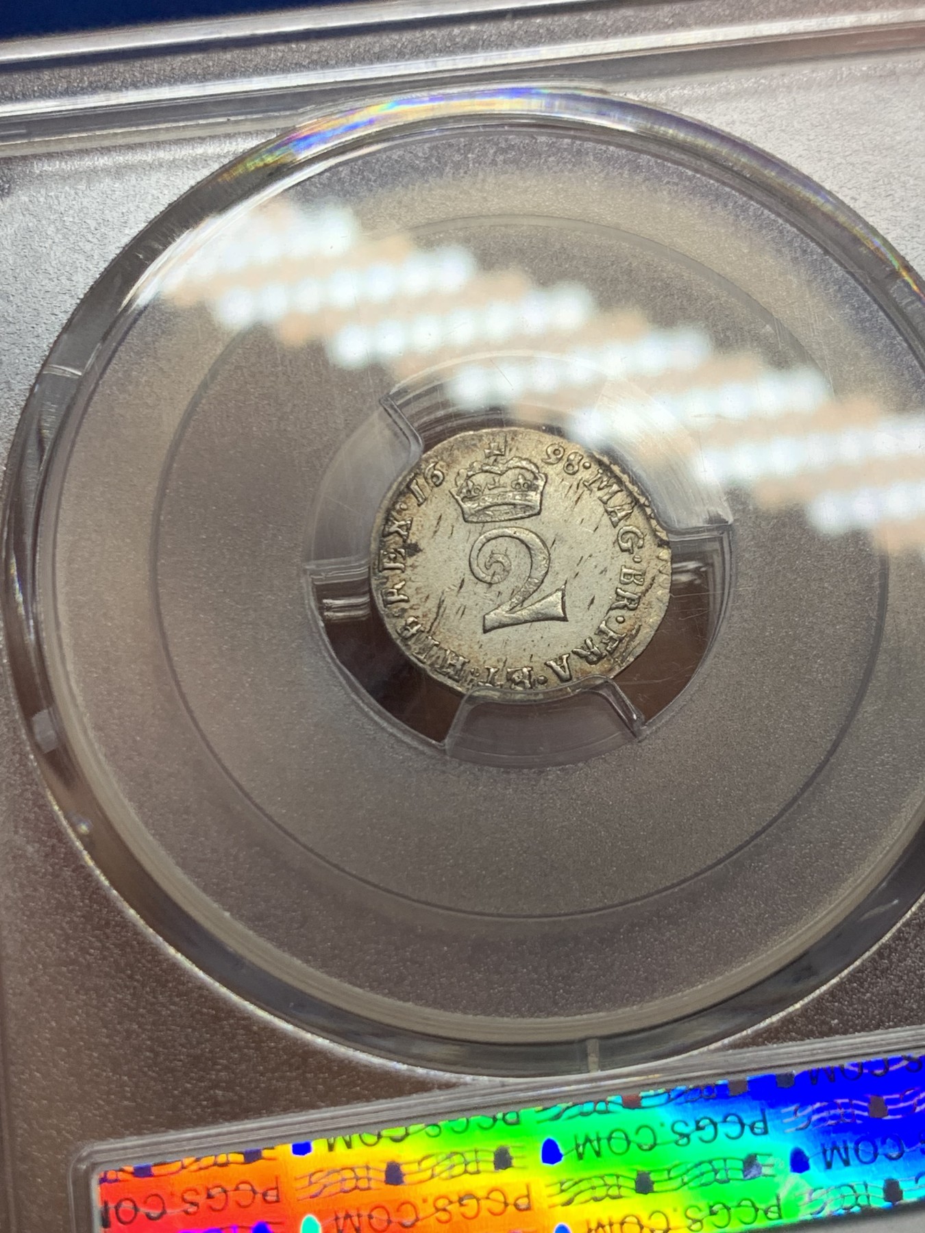 《竞宝斋》第249场-周日，周一 ，周二3场连拍 (全场包邮) PCGS  UNC  英国  1698年威廉三世2便士，少见早期英国便士银币