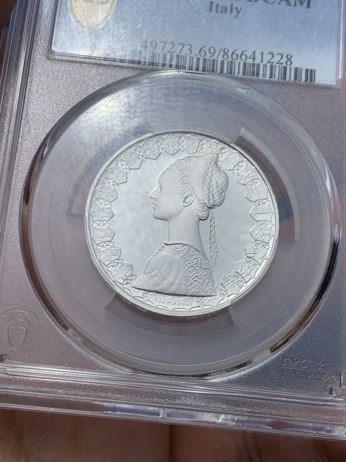 《竞宝斋》第249场-周日，周一 ，周二3场连拍 (全场包邮) PCGS PR69DCAM 意大利1999年帆船少女500里拉精制银币 冠军分