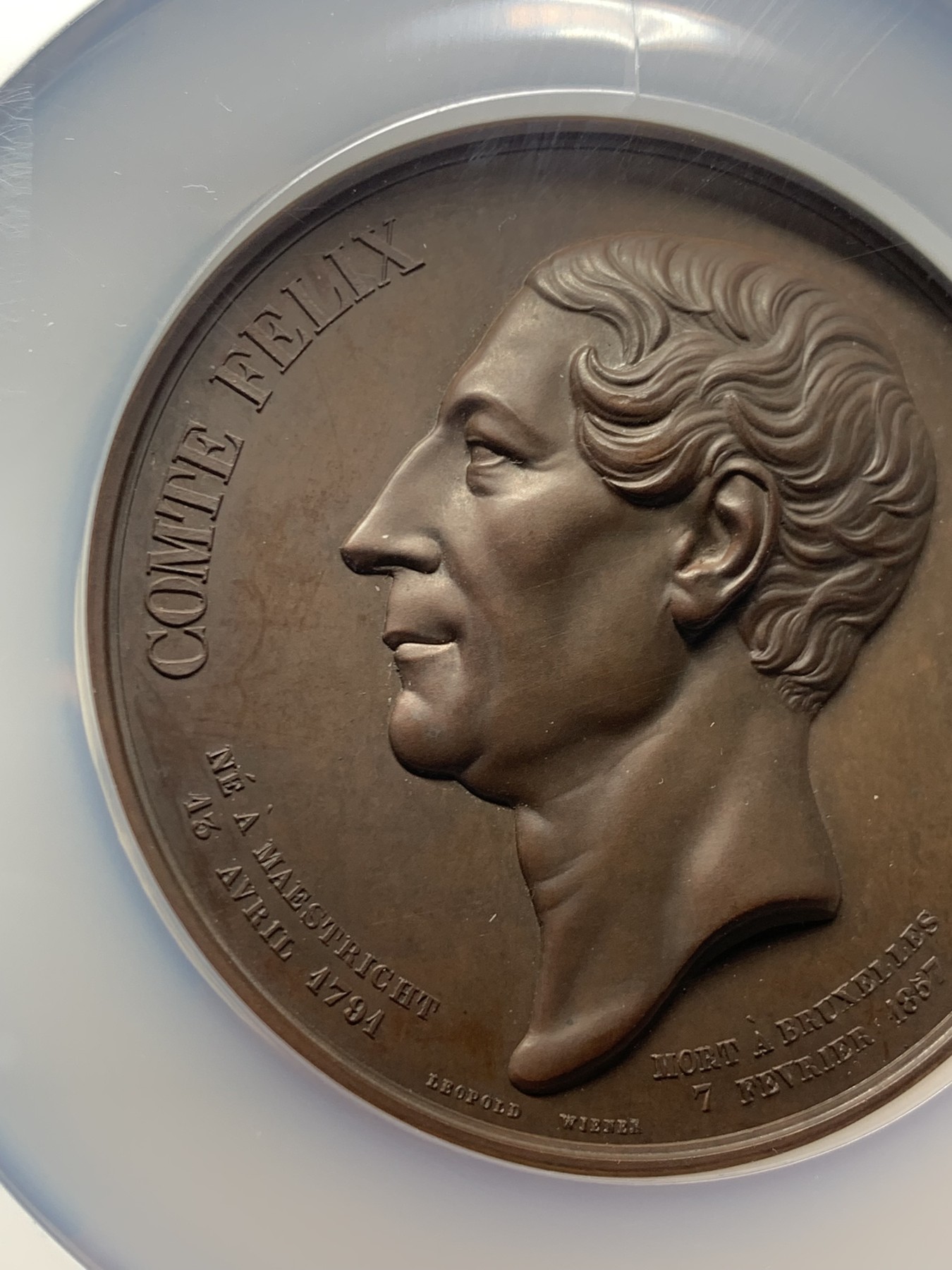 《竞宝斋》第249场-周日，周一 ，周二3场连拍 (全场包邮) NGC  MS63BN  比利时  1857  财政部长费利克铜章，很漂亮的红铜大章