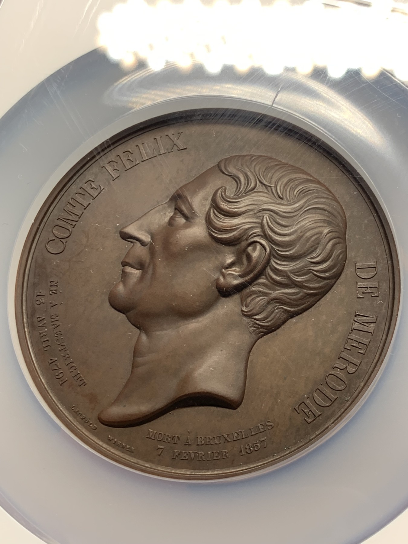 《竞宝斋》第249场-周日，周一 ，周二3场连拍 (全场包邮) NGC  MS63BN  比利时  1857  财政部长费利克铜章，很漂亮的红铜大章