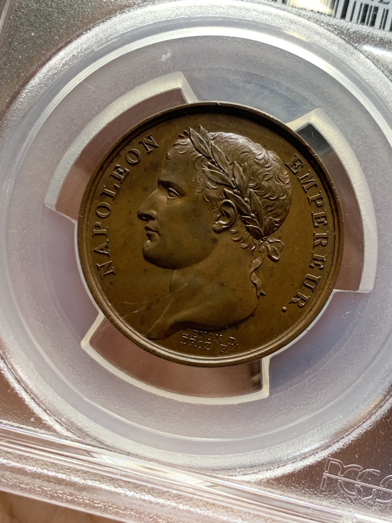 《竞宝斋》第249场-周日，周一 ，周二3场连拍 (全场包邮) PCGS SP65 法国共和十三年（1805）拿破仑铜章 花冠头像 背面纪念碑 唯一冠军分