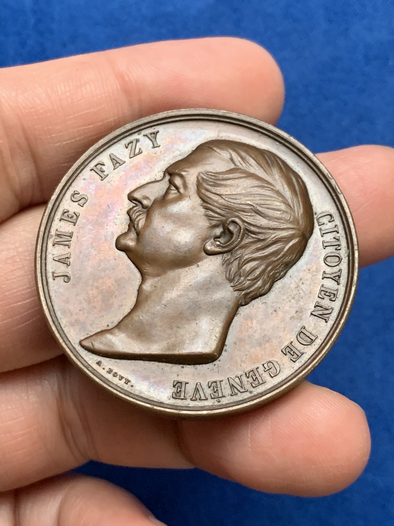 《竞宝斋》第249场-周日，周一 ，周二3场连拍 (全场包邮) 1855 瑞士日内瓦詹姆斯荣誉铜章，直径41.5mm，约36.6克