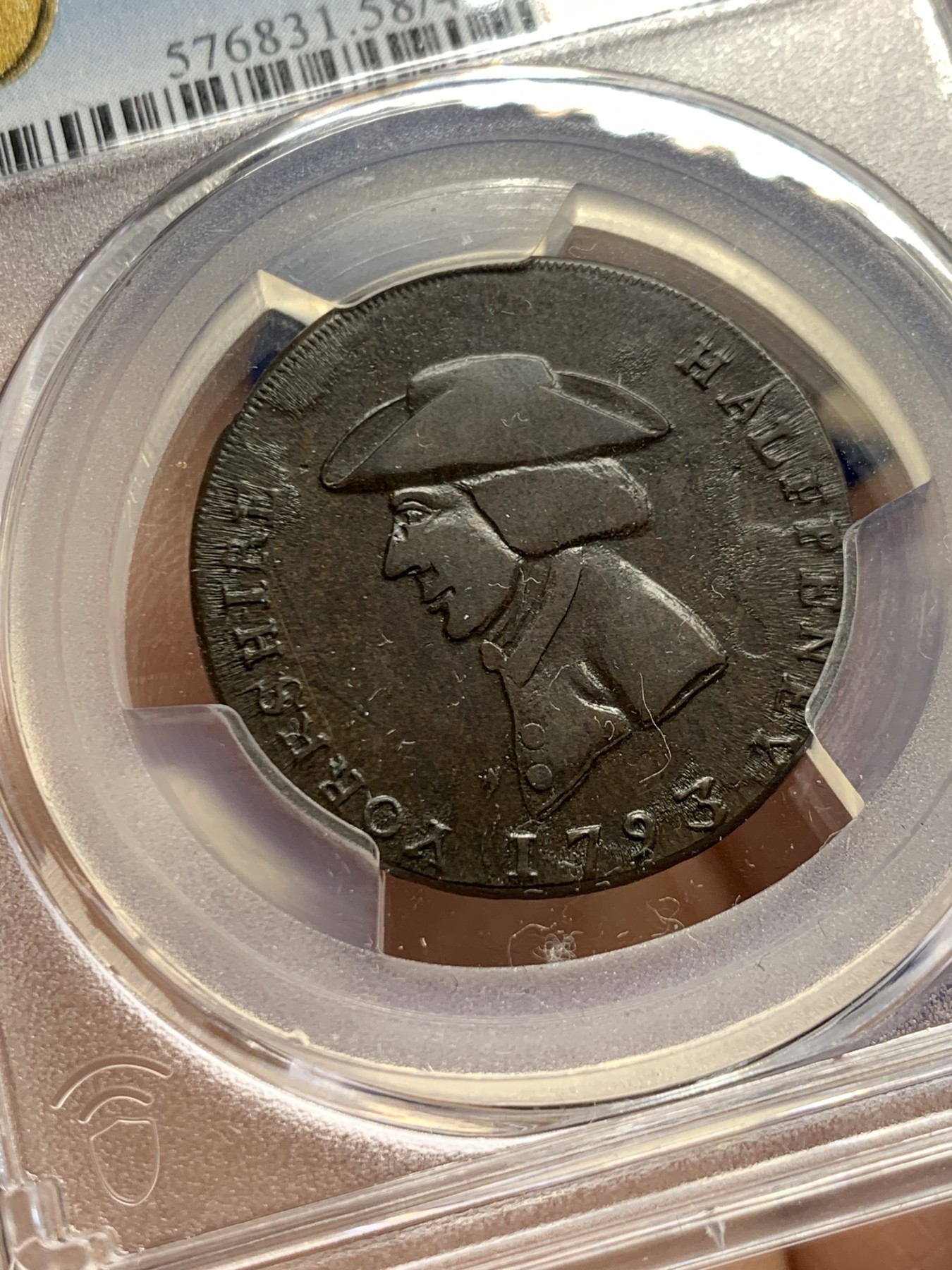 《竞宝斋》第249场-周日，周一 ，周二3场连拍 (全场包邮) PCGS  AU58  英国  1793年  约克郡1/2便士TOKEN代用币