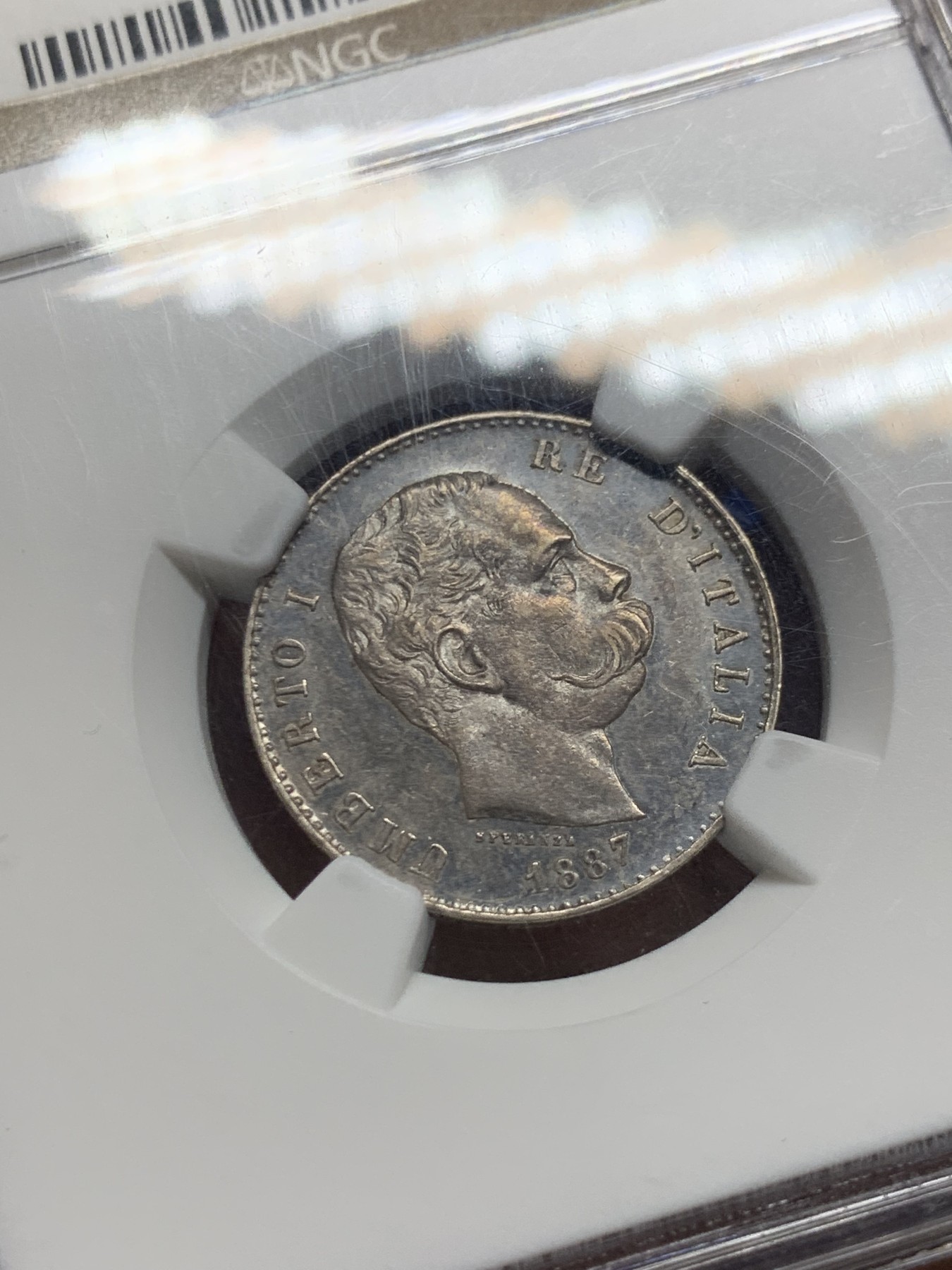 《竞宝斋》第249场-周日，周一 ，周二3场连拍 (全场包邮) NGC  MS62  意大利  1887年  翁贝托1里拉