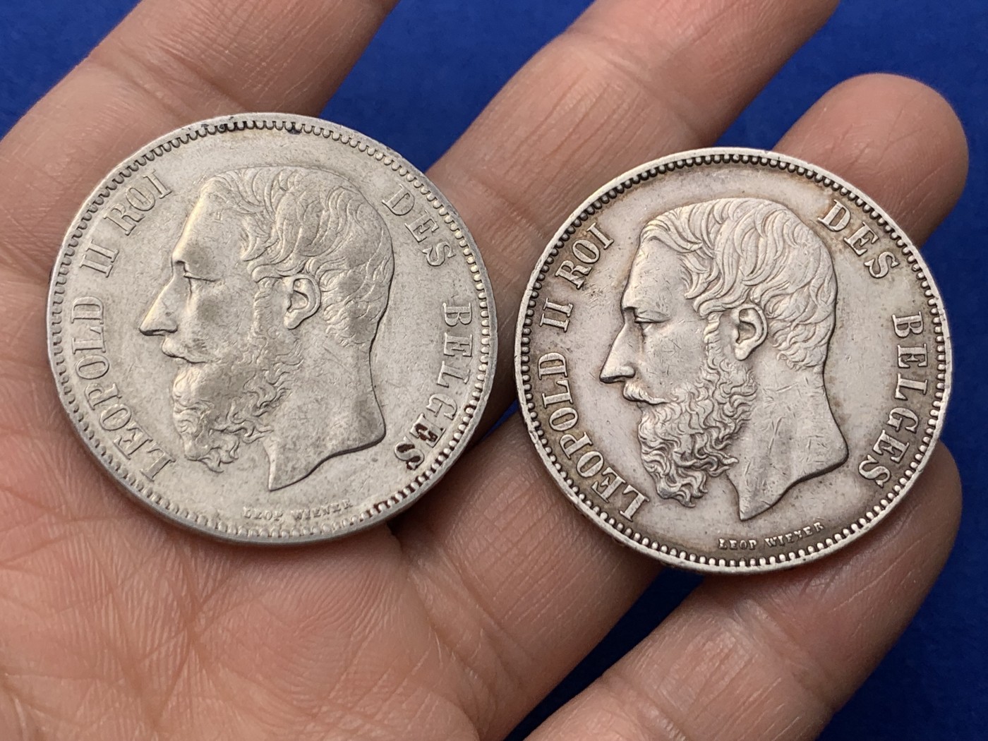 《竞宝斋》第249场-周日，周一 ，周二3场连拍 (全场包邮) 两枚一组 比利时 利奥波德二世 5法郎银币 1870+1873年 原味流通状态