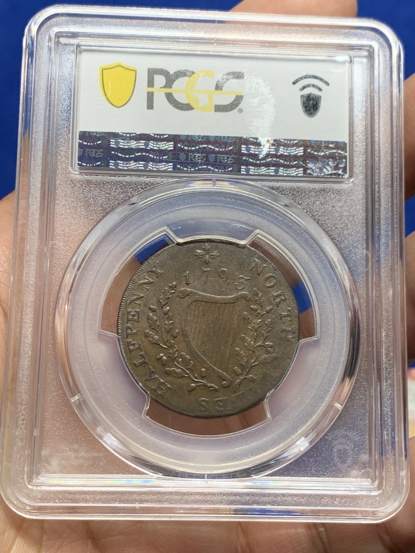 《竞宝斋》第249场-周日，周一 ，周二3场连拍 (全场包邮) PCGS  AU58  英国  1793年  北威尔士1/2便士TOKEN代用币