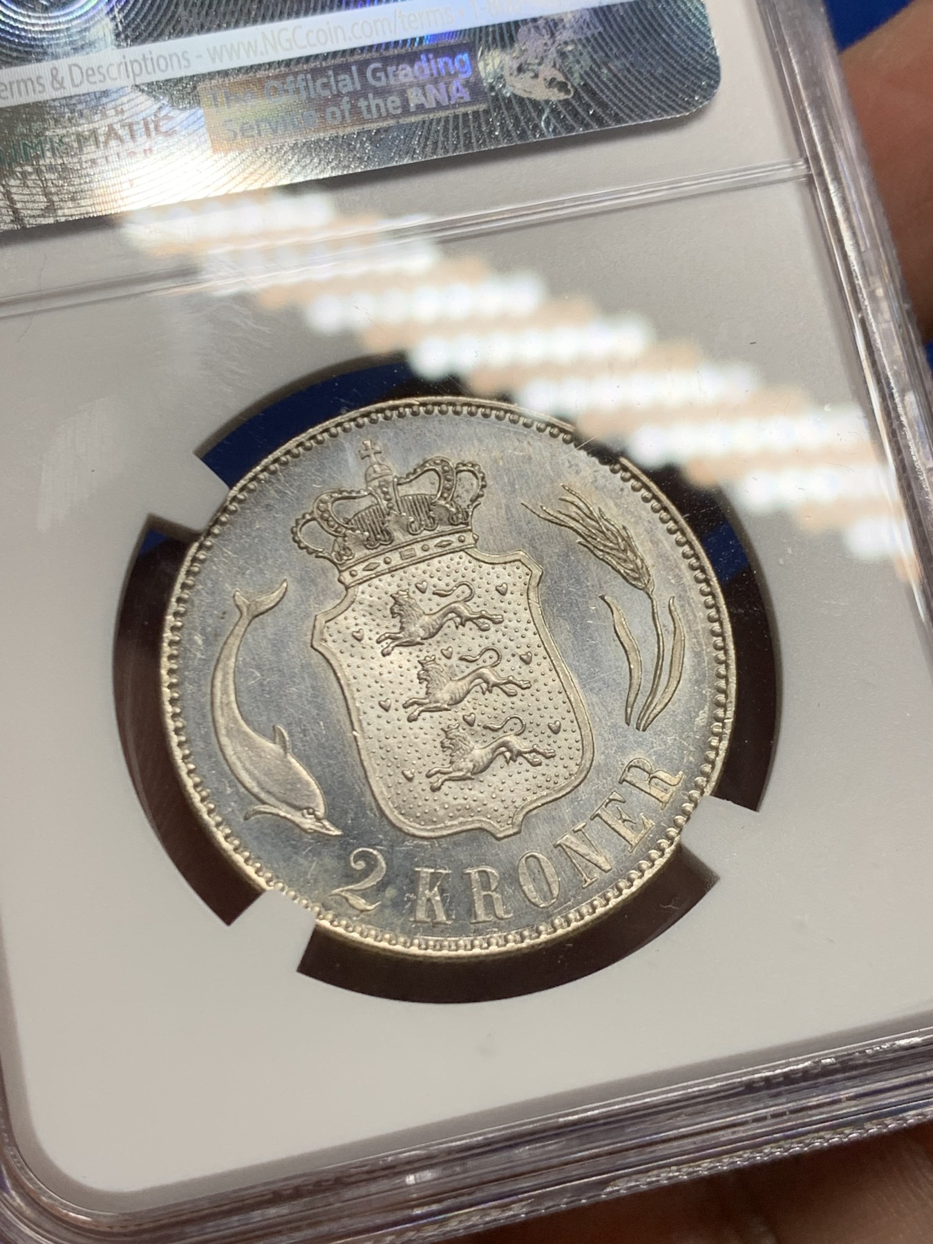 《竞宝斋》第249场-周日，周一 ，周二3场连拍 (全场包邮) NGC  MS64  丹麦  1915年  流通版2克朗，比各种纪念版的2克朗少见很多