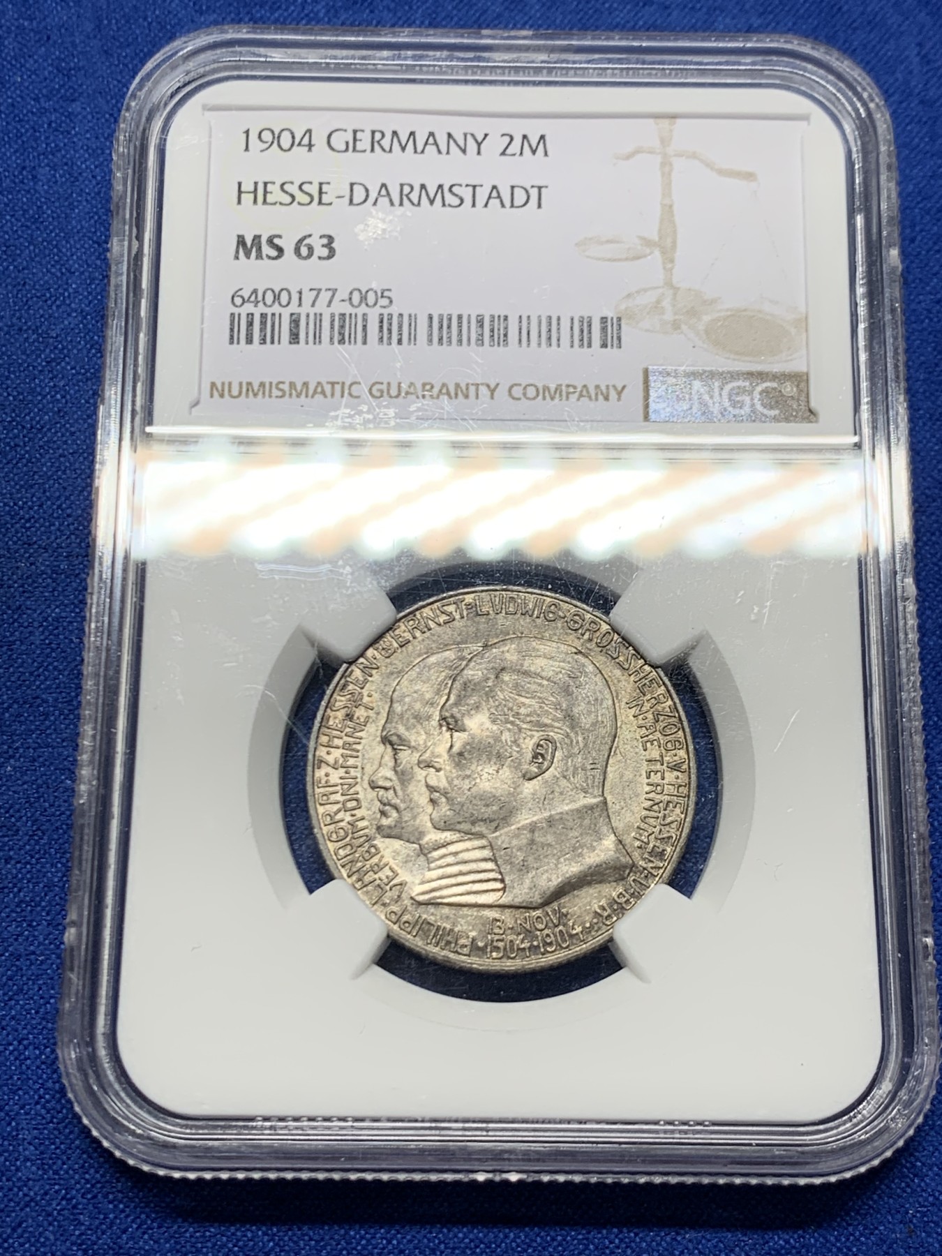 《竞宝斋》第249场-周日，周一 ，周二3场连拍 (全场包邮) NGC  MS63  德国  1904年  黑森达姆施塔特2马克