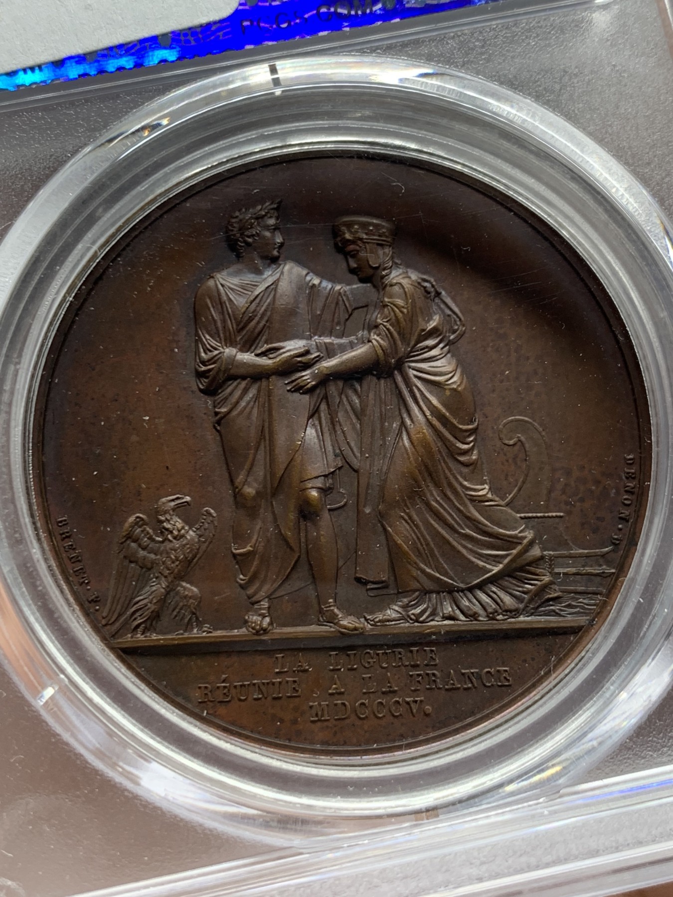 《竞宝斋》第249场-周日，周一 ，周二3场连拍 (全场包邮) PCGS  SP64  法国  1805  拿破仑吞并利古里亚铜章，PCGS加厚盒子