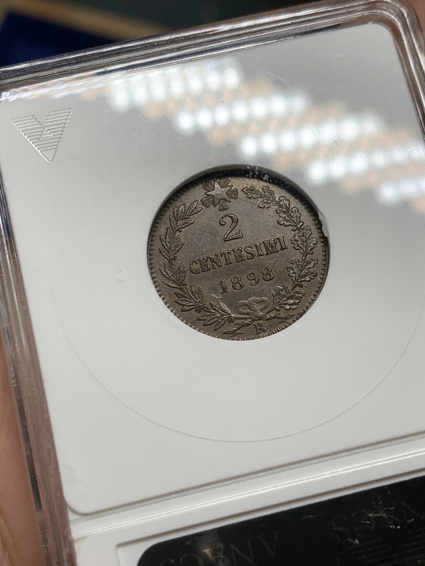 《竞宝斋》第249场-周日，周一 ，周二3场连拍 (全场包邮) ANACS MS63BRN  意大利  1898年  埃曼纽尔2分铜币，经典小白盒，品相不错