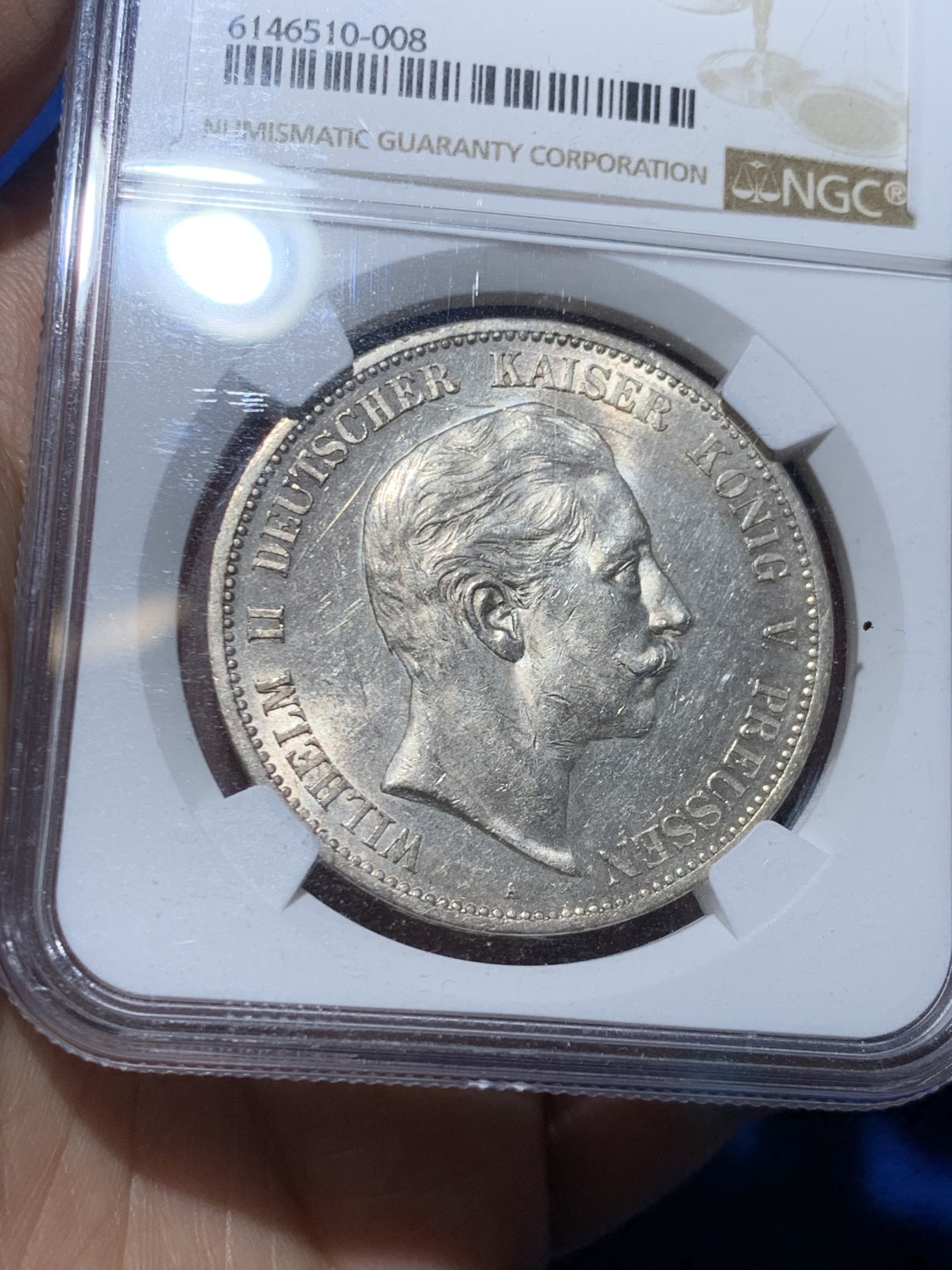 《竞宝斋》第249场-周日，周一 ，周二3场连拍 (全场包邮) NGC MS61 德国普鲁士 1895年 威廉二世大头 5马克 银币