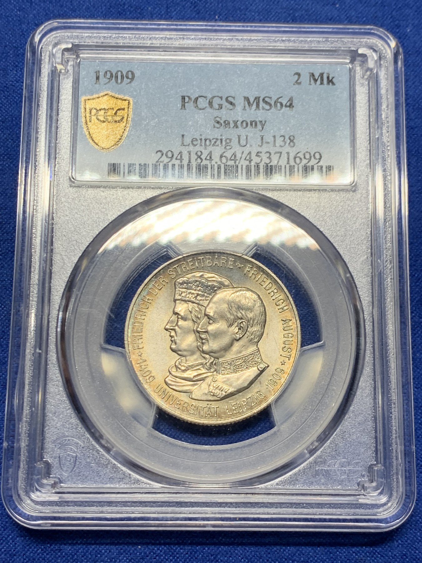 《竞宝斋》第249场-周日，周一 ，周二3场连拍 (全场包邮) PCGS  MS64  德国  1909年  萨克森莱比锡大学2马克
