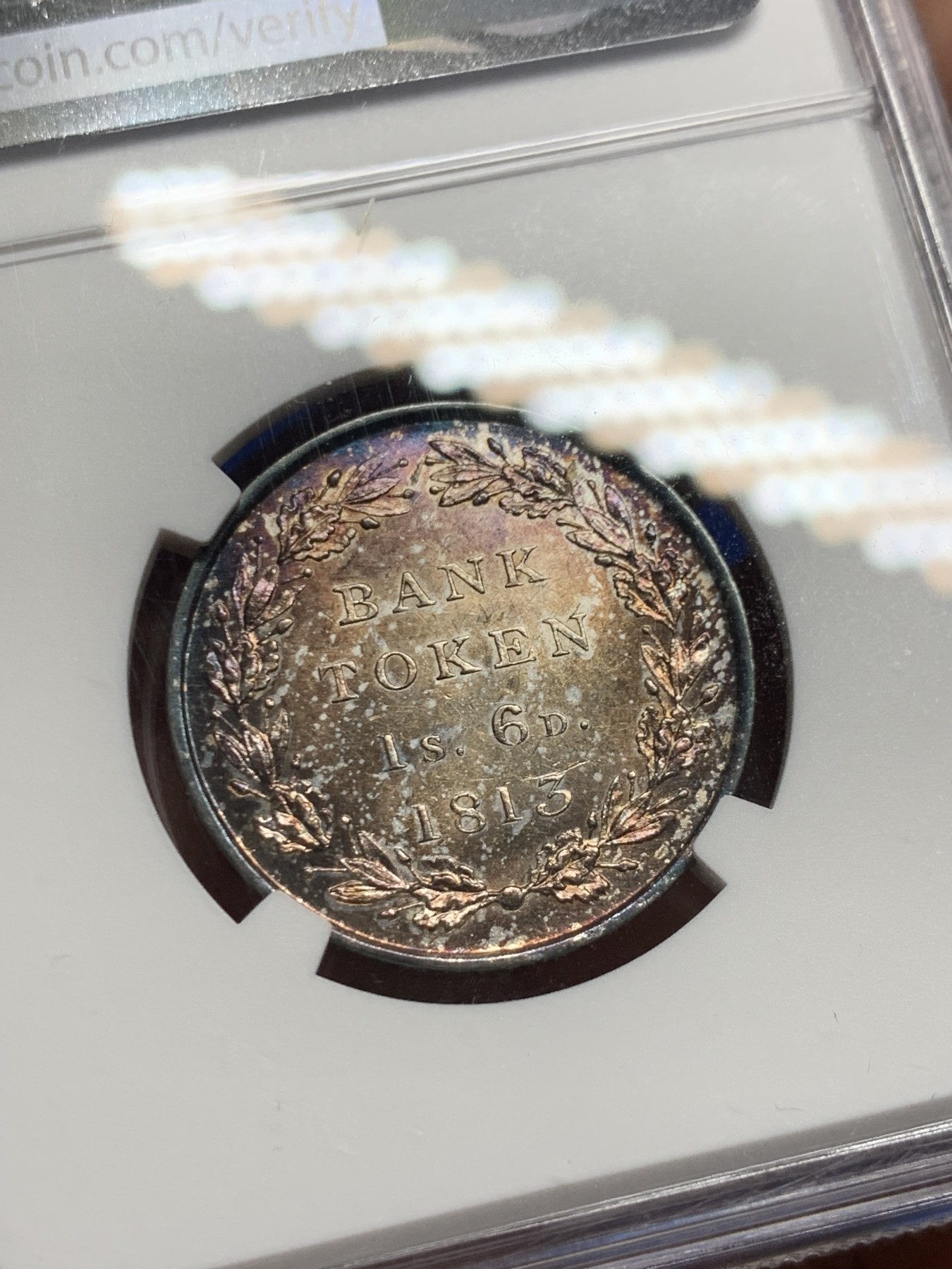 《竞宝斋》第249场-周日，周一 ，周二3场连拍 (全场包邮) NGC  MS62  英国  1813年  英格兰银行18便士，包浆非常漂亮，品相不错