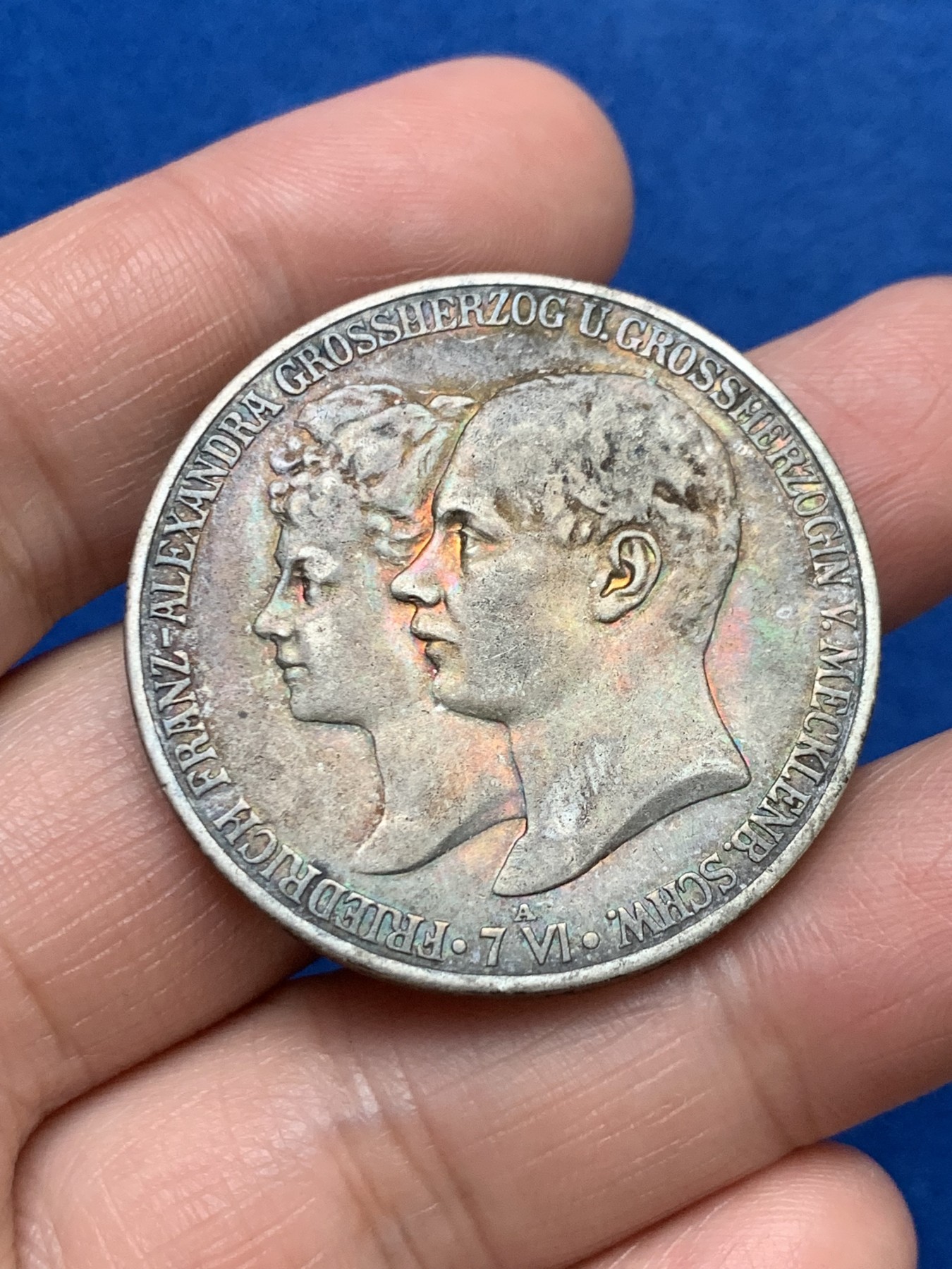 《竞宝斋》第249场-周日，周一 ，周二3场连拍 (全场包邮) 1904年德国梅克伦堡什未林结婚纪念5马克银币