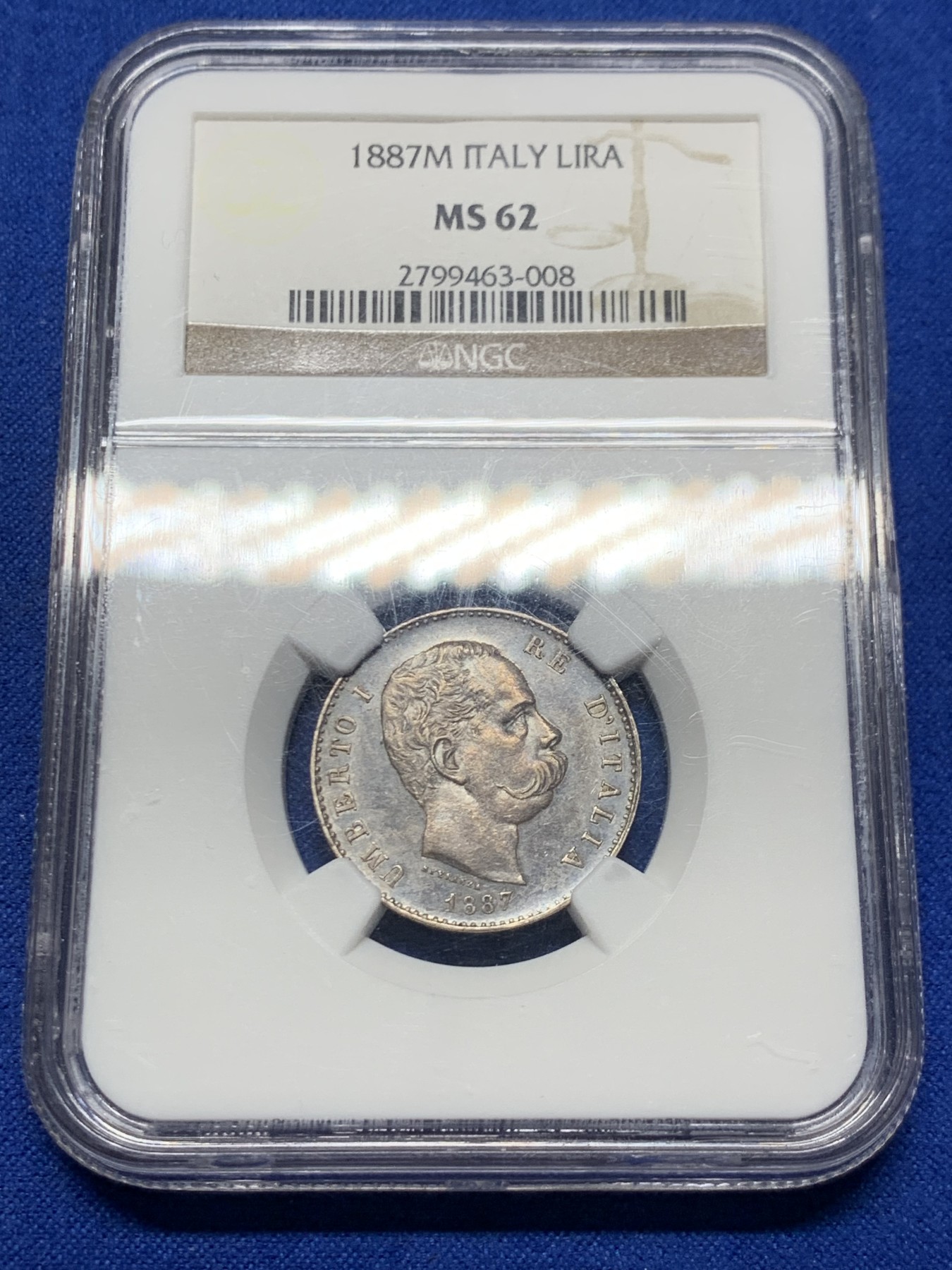 《竞宝斋》第249场-周日，周一 ，周二3场连拍 (全场包邮) NGC  MS62  意大利  1887年  翁贝托1里拉
