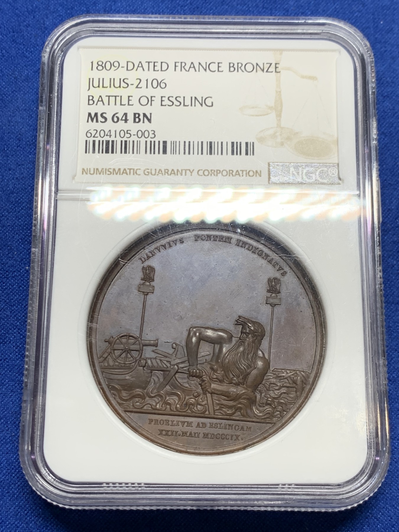 《竞宝斋》第249场-周日，周一 ，周二3场连拍 (全场包邮) NGC MS64BN 法国 1809 阿斯佩恩-艾斯林战役纪念大铜章 加厚盒 漂亮设计 铜色舒服