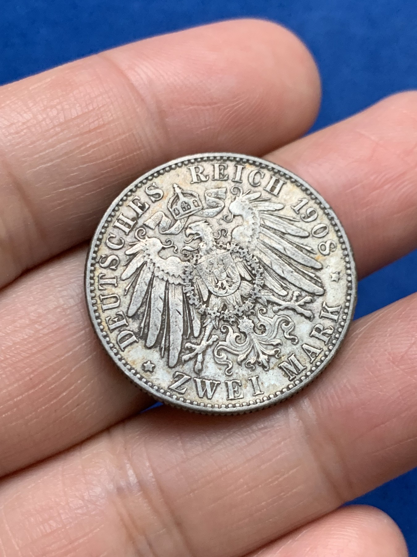 《竞宝斋》第249场-周日，周一 ，周二3场连拍 (全场包邮) 1908年德国萨克森奥古斯塔2马克银币