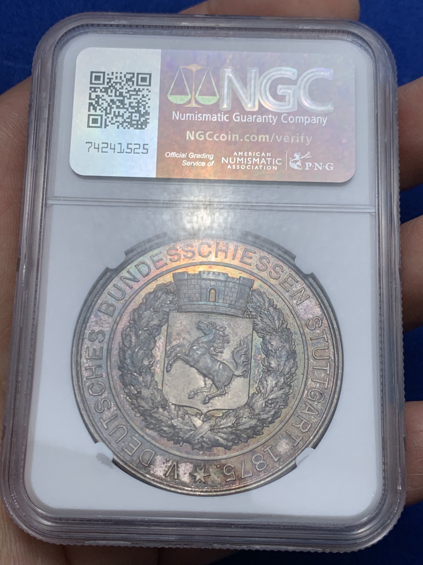 《竞宝斋》第249场-周日，周一 ，周二3场连拍 (全场包邮) NGC MS62 德国1875斯图加特射击节纪念银章 镜面底板 双面五彩包浆