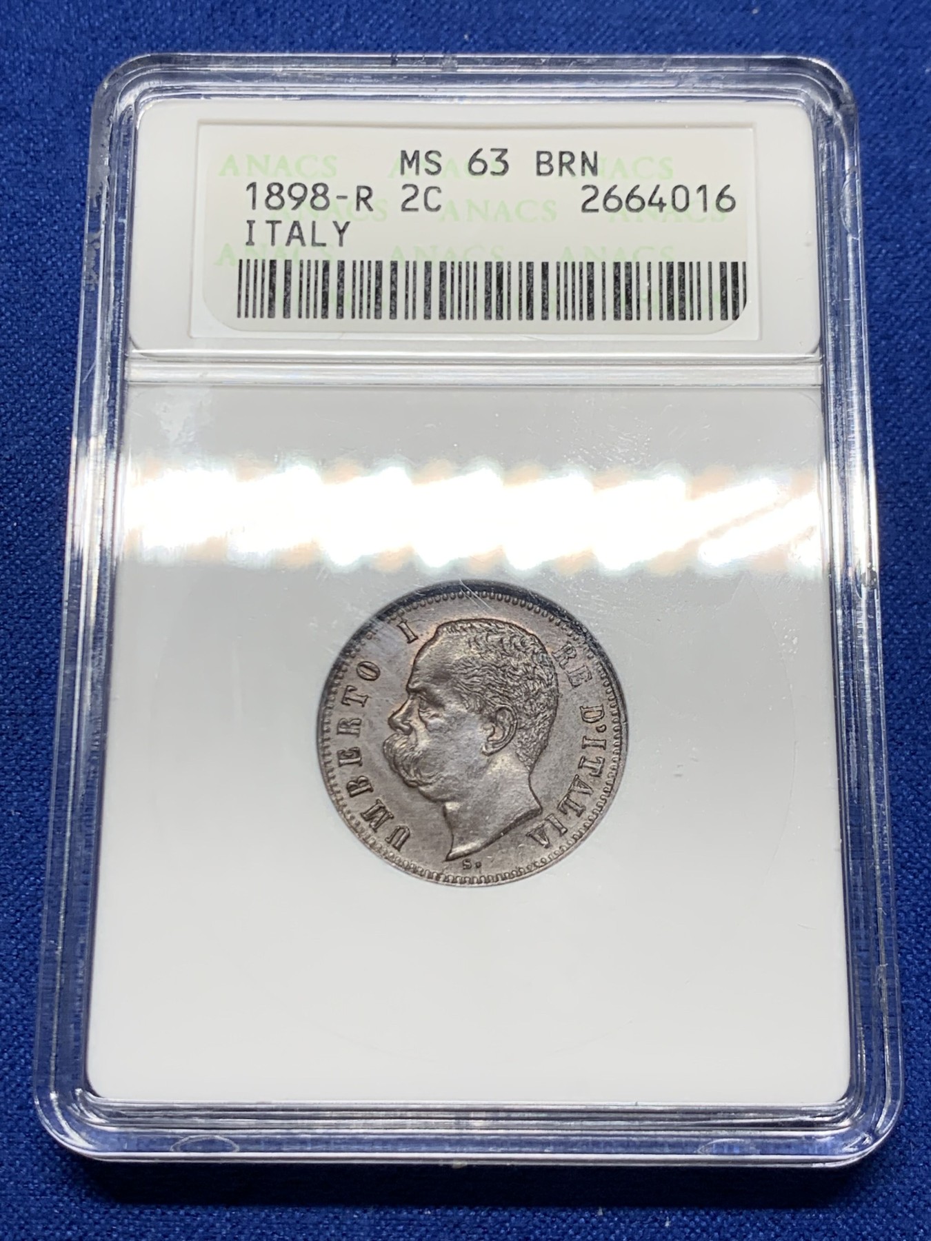 《竞宝斋》第249场-周日，周一 ，周二3场连拍 (全场包邮) ANACS MS63BRN  意大利  1898年  埃曼纽尔2分铜币，经典小白盒，品相不错