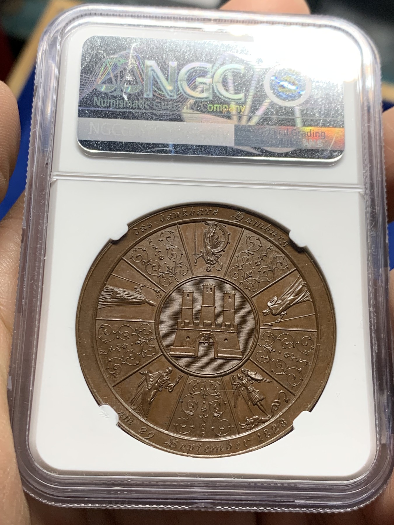 《竞宝斋》第249场-周日，周一 ，周二3场连拍 (全场包邮) NGC  MS64BN  德国  1828  汉堡公民宪法颁布300周年纪念铜章