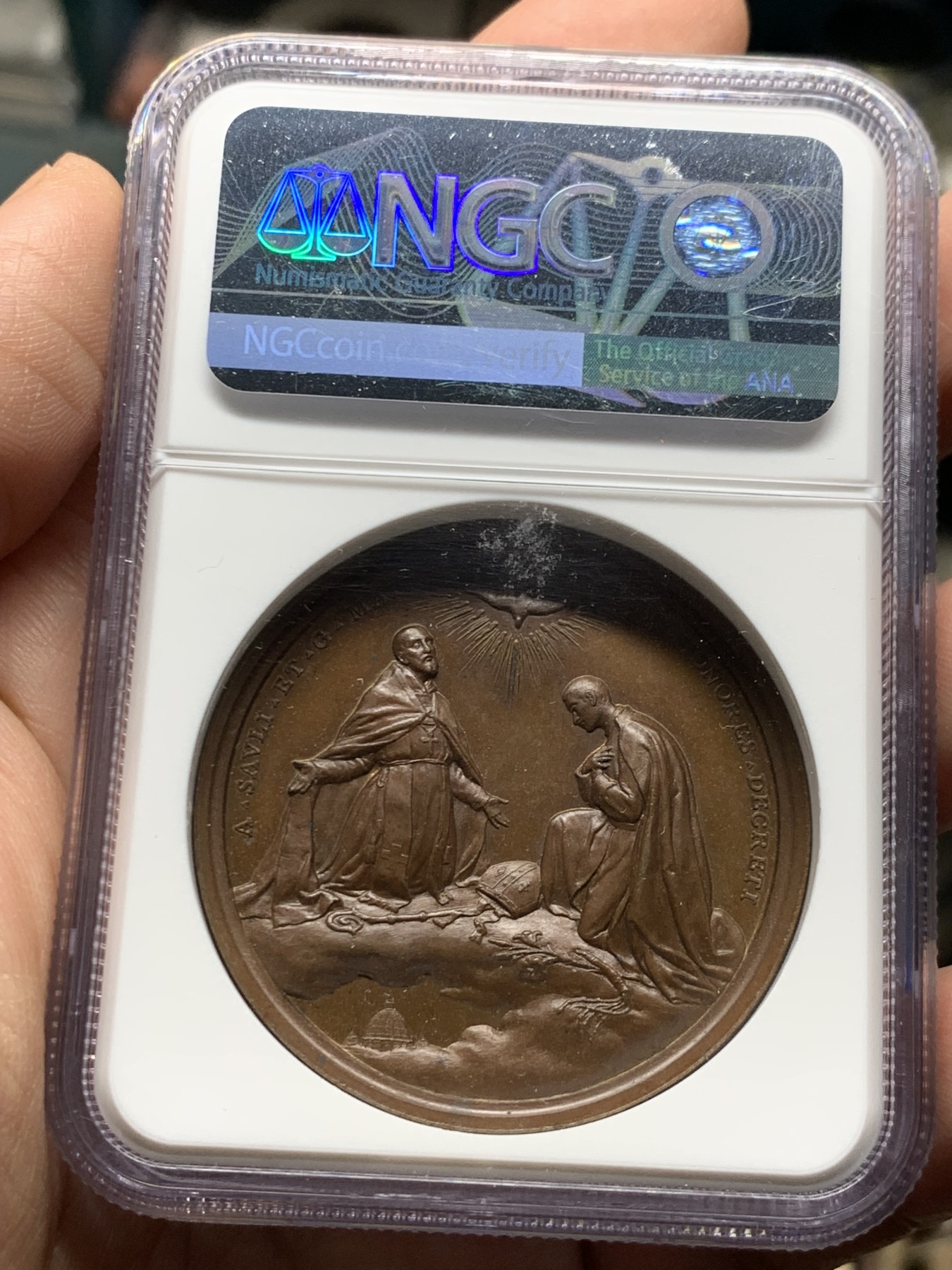 《竞宝斋》第249场-周日，周一 ，周二3场连拍 (全场包邮) NGC  MS63BN  梵蒂冈  1904  教皇庇护十世铜章，加厚盒子