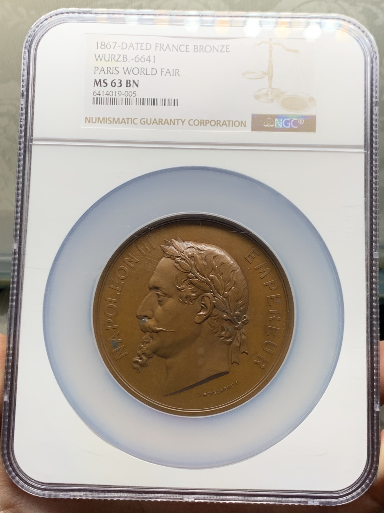 《竞宝斋》第249场-周日，周一 ，周二3场连拍 (全场包邮) NGC  MS63BN  法国  1867 拿破仑三世巴黎世博会铜章