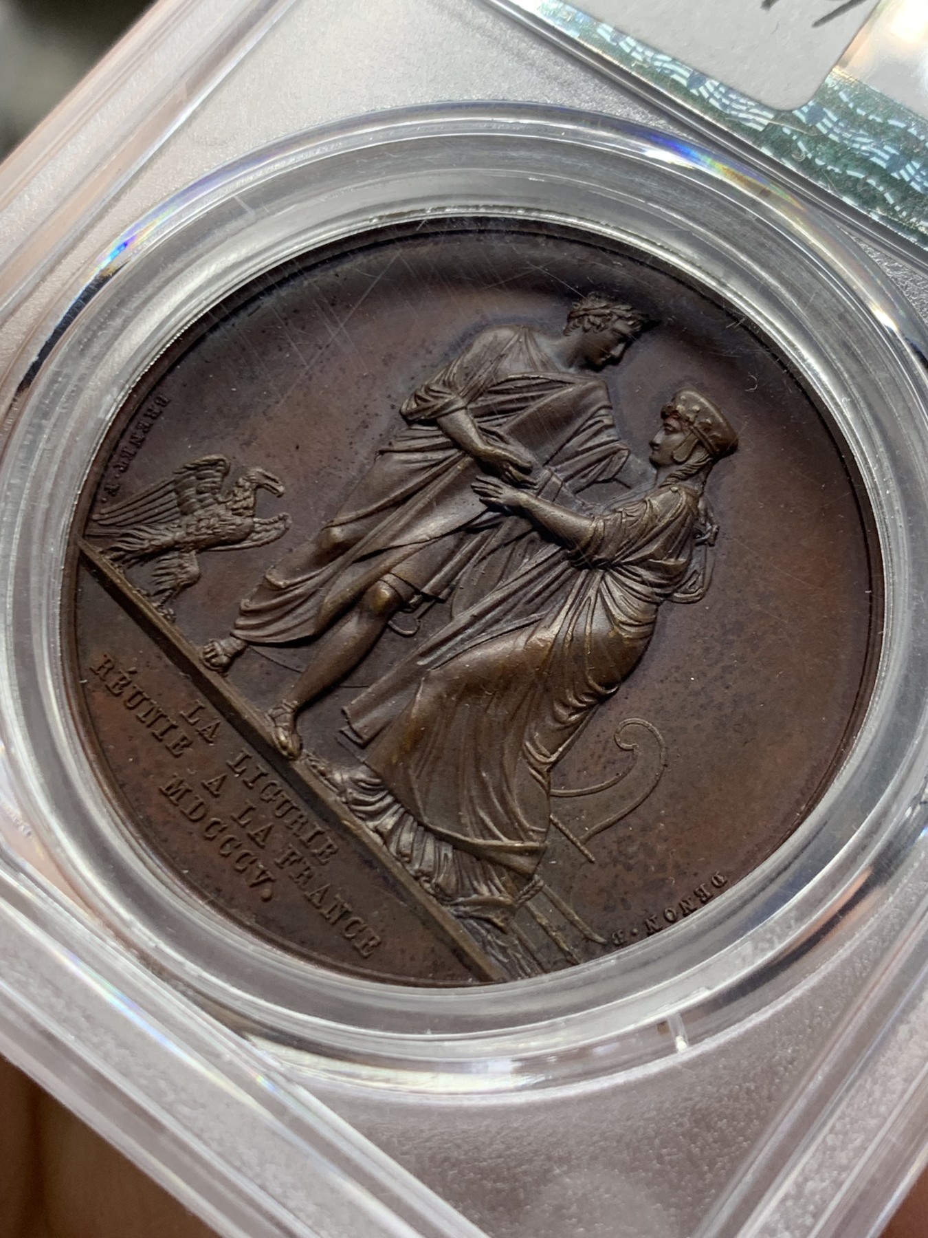 《竞宝斋》第249场-周日，周一 ，周二3场连拍 (全场包邮) PCGS  SP64  法国  1805  拿破仑吞并利古里亚铜章，PCGS加厚盒子