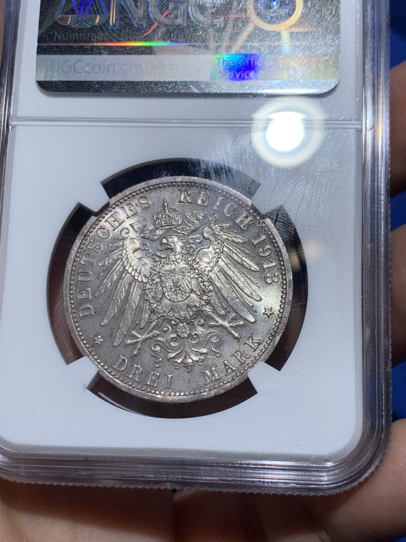 《竞宝斋》第249场-周日，周一 ，周二3场连拍 (全场包邮) NGC MS61 德国普鲁士1913年威廉二世花枝3马克银币 胡子眉毛盾徽细节清晰