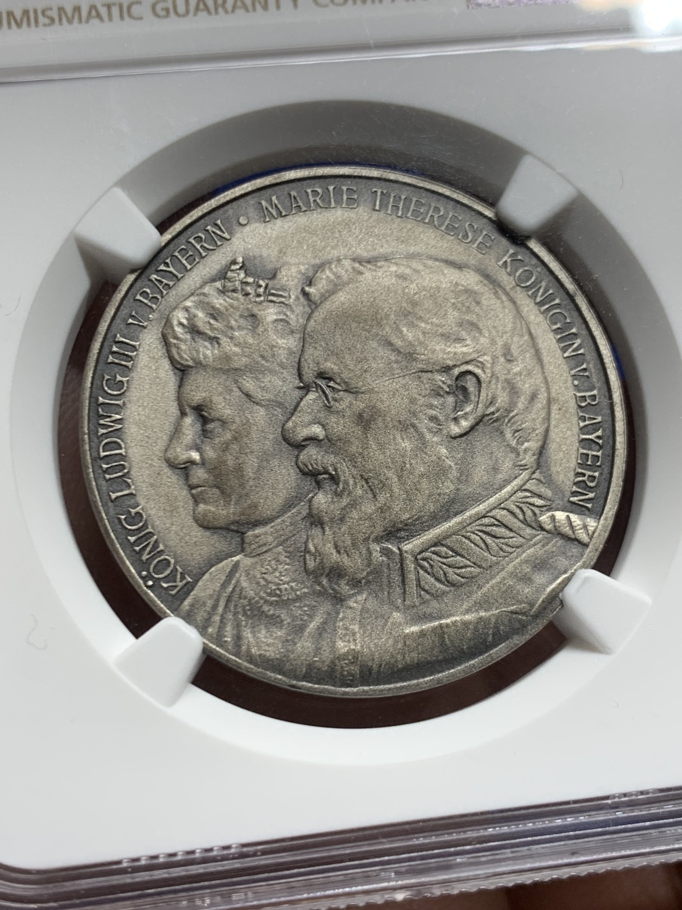 《竞宝斋》第249场-周日，周一 ，周二3场连拍 (全场包邮) NGC  MS65  德国  1918  巴伐利亚路德维希金婚纪念银章，冠军分数，顶级品相