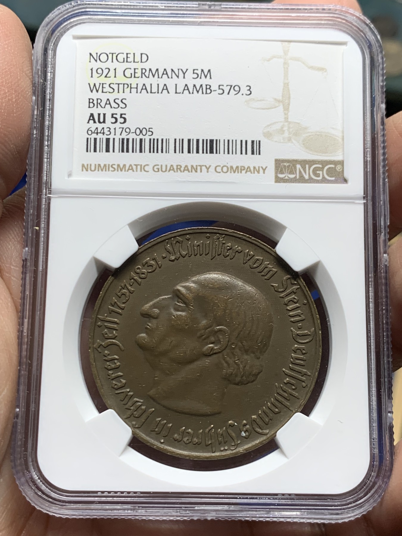 《竞宝斋》第249场-周日，周一 ，周二3场连拍 (全场包邮) NGC  AU55  魏玛德国  1921年  威斯特法伦铜5马克，马币总筋